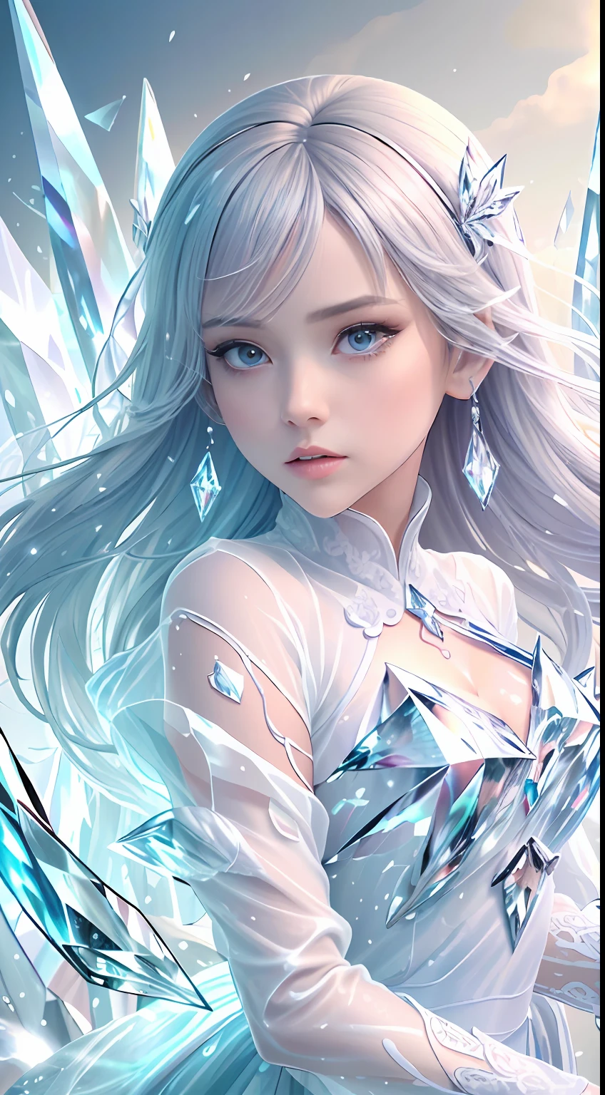 (Masterpiece, Top Quality, Best, Official Art, Beautiful and Aesthetic, Long Exposure: 1.2), Smooth Movement, Charming Patterns, 1 Girl, (Long Dress with Sleeves: 1.3), (((White Clothes) )), upper body close-up, bare shoulders, Chinese girl, blush, black lob hair, portrait, solo, upper body, looking at the observer, detailed background, detailed face, (crystallineAI, crystalline theme:1.1), elemental wind elves, rotation Wind, control the wind, white crystal clothing, dynamic pose, floating particles, ethereal dynamics, whirlwind, vapor, whirlwind in the background, white tone, whirlwind, ethereal atmosphere,