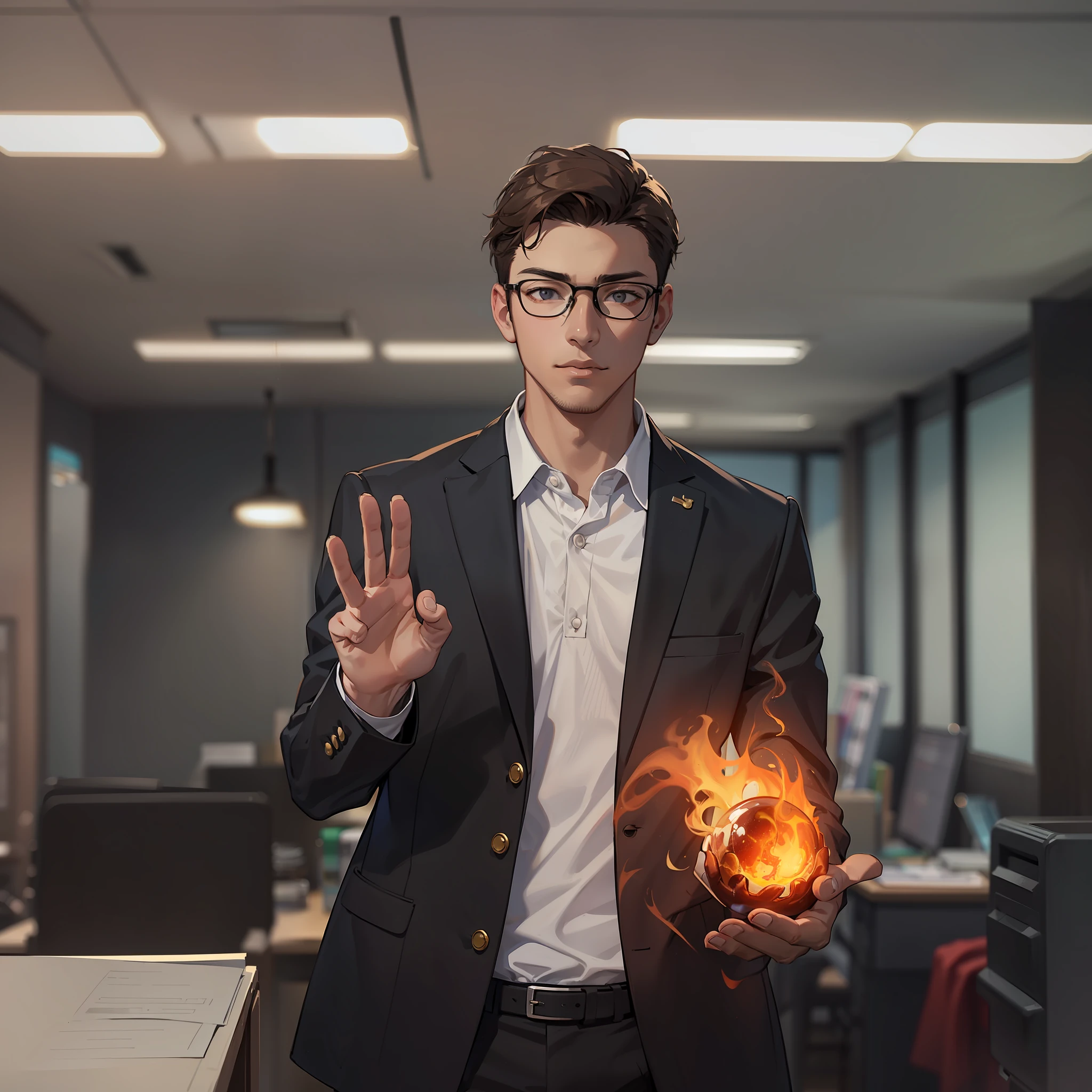 (Holding a fireball)
(A young man in a suit and glasses)
(In the office)