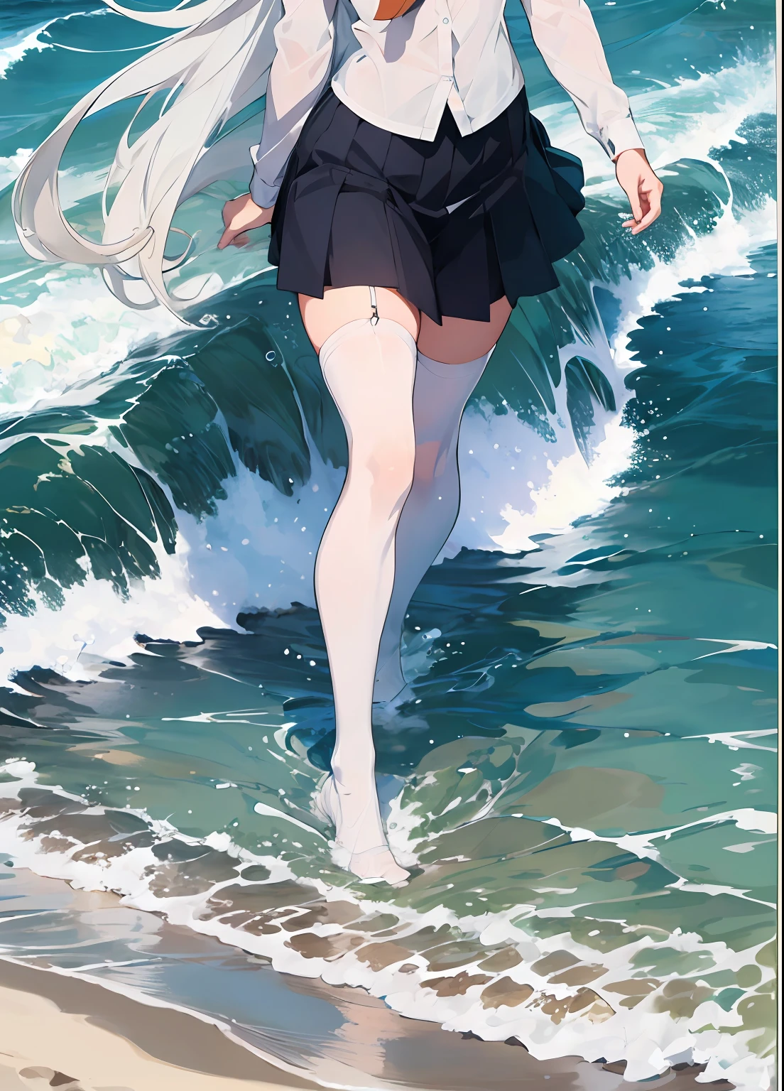 1girl, beautiful detailed eyes, long white hair, light blue eyes, school uniform, high white stocking, lustrous skin, seaside, beach, waves, high contrast, ((masterpiece, best quality))