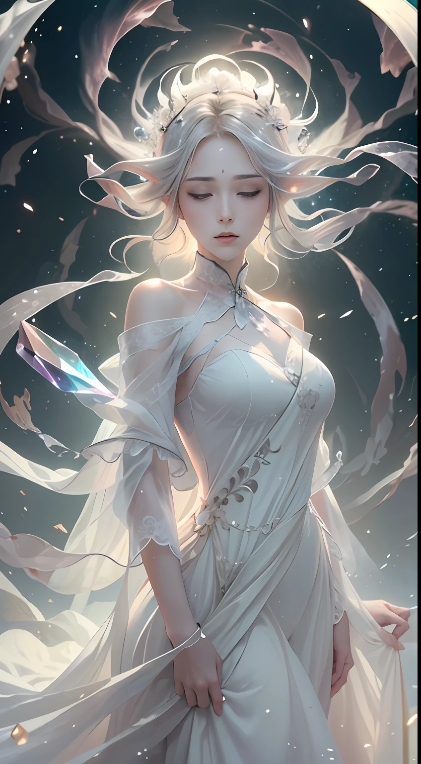 (Masterpiece, Top Quality, Best, Official Art, Beautiful and Aesthetic, Long Exposure: 1.2), Smooth Movement, Charming Patterns, 1 Girl, (Long Dress with Sleeves: 1.3), (((White Clothes) )), upper body close-up, bare shoulders, Chinese girl, blush, black lob hair, portrait, solo, upper body, looking at the observer, detailed background, detailed face, (crystallineAI, crystalline theme:1.1), elemental wind elves, rotation Wind, control the wind, white crystal clothing, dynamic pose, floating particles, ethereal dynamics, whirlwind, vapor, whirlwind in the background, white tone, whirlwind, ethereal atmosphere,