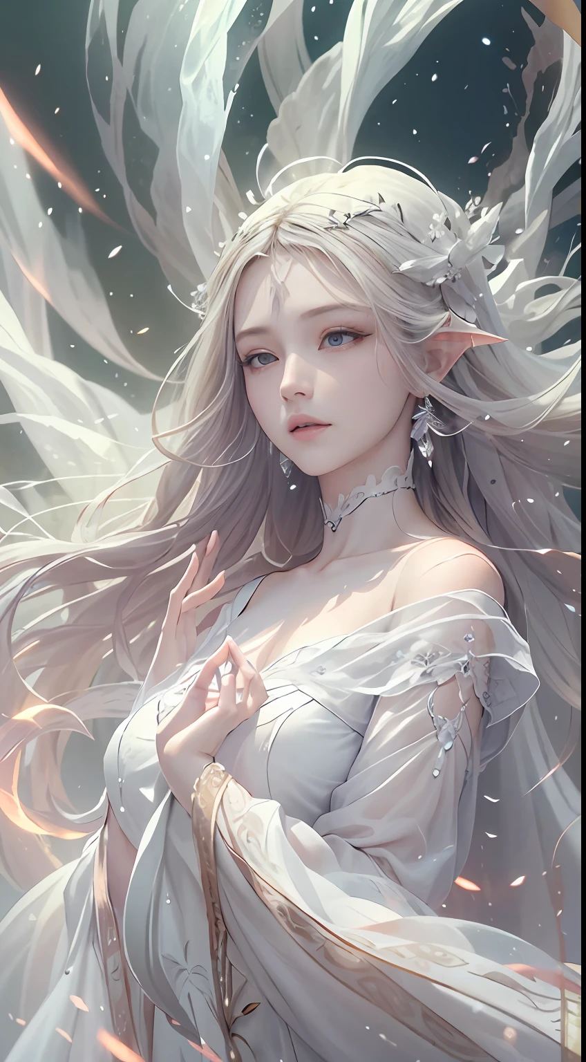 (Masterpiece, Top Quality, Best, Official Art, Beautiful and Aesthetic, Long Exposure: 1.2), Smooth Movement, Charming Patterns, 1 Girl, (Long Dress with Sleeves: 1.3), (((White Clothes) )), upper body close-up, bare shoulders, Chinese girl, blush, black lob hair, portrait, solo, upper body, looking at the observer, detailed background, detailed face, (crystallineAI, crystalline theme:1.1), elemental wind elves, rotation Wind, control the wind, white crystal clothing, dynamic pose, floating particles, ethereal dynamics, whirlwind, vapor, whirlwind in the background, white tone, whirlwind, ethereal atmosphere,