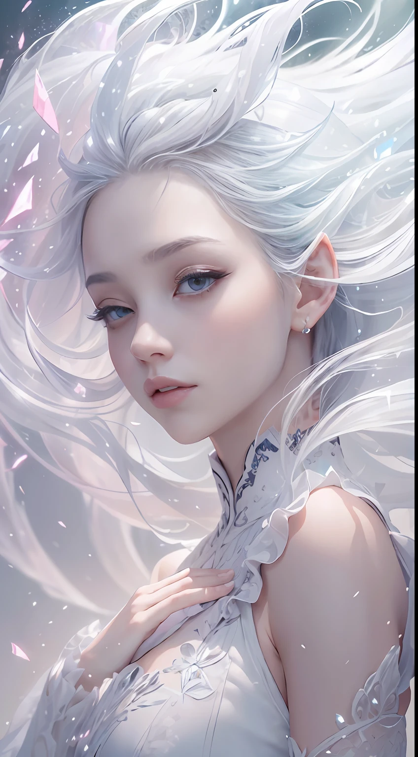 (Masterpiece, Top Quality, Best, Official Art, Beautiful and Aesthetic, Long Exposure: 1.2), Smooth Movement, Charming Patterns, 1 Girl, (Long Dress with Sleeves: 1.3), (((White Clothes) )), upper body close-up, bare shoulders, Chinese girl, blush, black lob hair, portrait, solo, upper body, looking at the observer, detailed background, detailed face, (crystallineAI, crystalline theme:1.1), elemental wind elves, rotation Wind, control the wind, white crystal clothing, dynamic pose, floating particles, ethereal dynamics, whirlwind, vapor, whirlwind in the background, white tone, whirlwind, ethereal atmosphere,