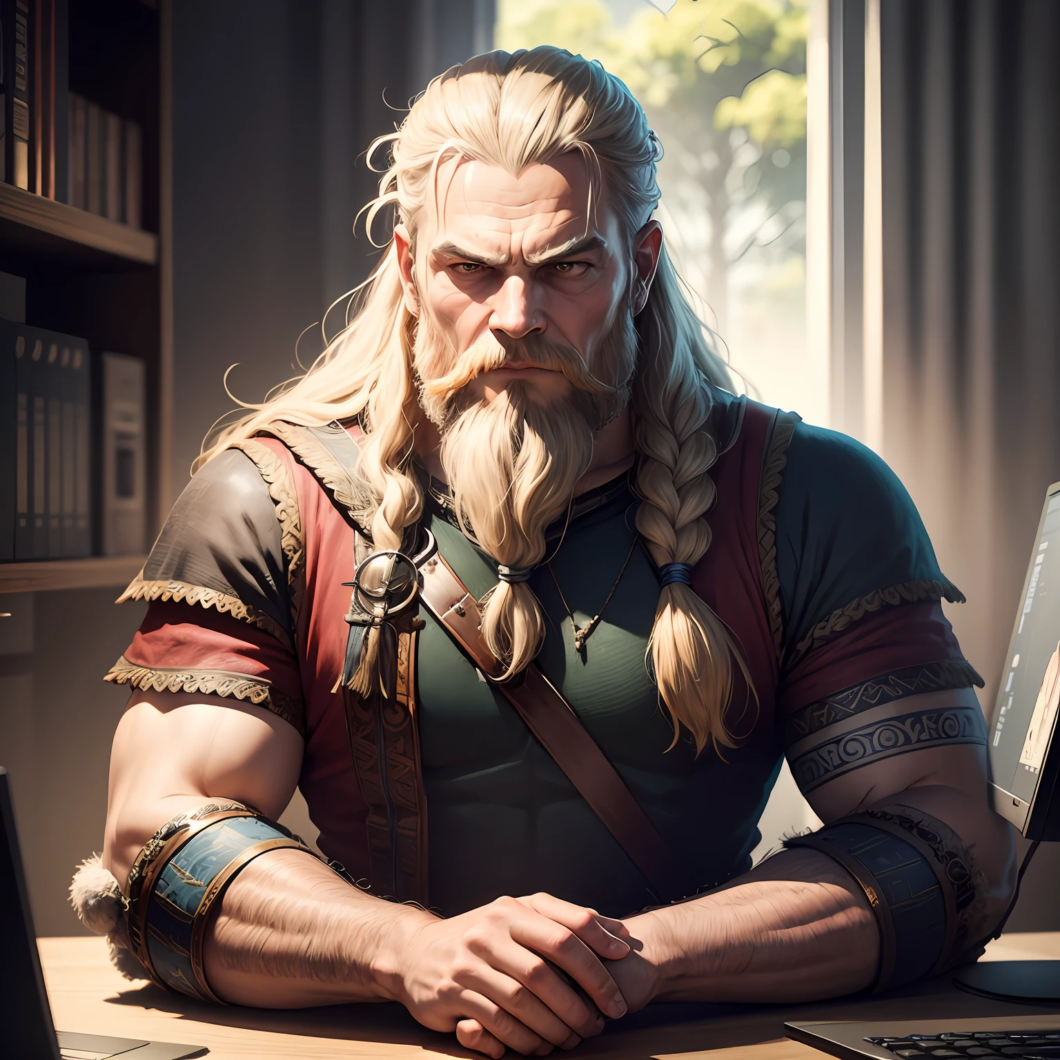 crie um viking sentado na frente de uma computador ultra realista --auto