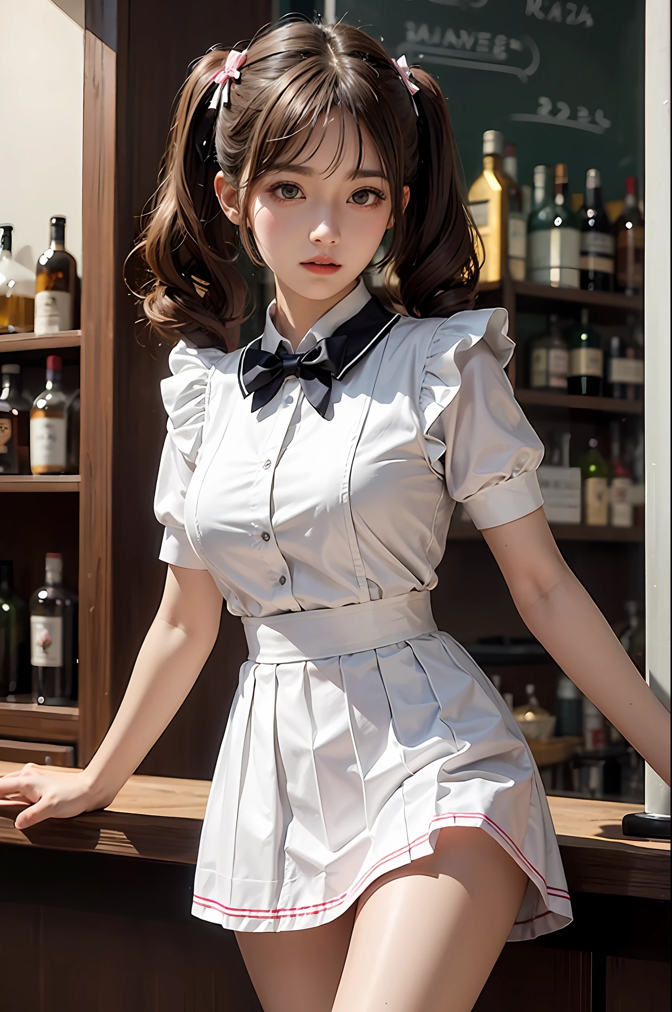 Bar,1girll,twintails,brown  hair，Qi bangs，curlies,maid,Flying,White sailor suit and short skirt,pink bows,16-year-old female model,Side,