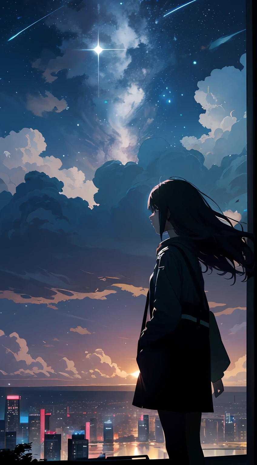 octans，Skysky，As estrelas（Skysky），scenecy，starrysky，the night，beach，1girl，nigh sky，独奏，exteriors，buliding，​​clouds，galactic，sitted，The tree，Long hair，城市，siluette，view over city