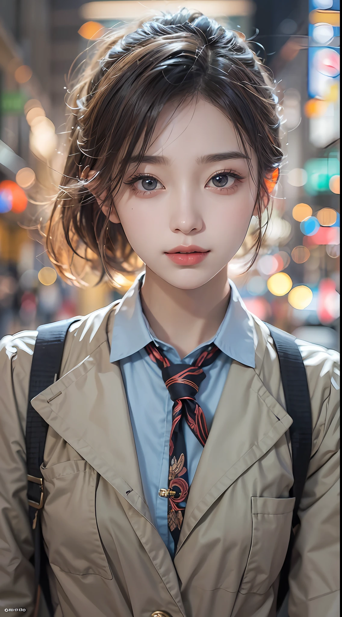 ​masterpiece, 1 beautiful girl, A detailed eye, Swollen eyes, top-quality, 超A high resolution, (reality: 1.4), 电影灯光, japanes, Trendy Korean Cosmetics、a asian beauty, very extremely beautiful, Beautiful skins, A slender, Forward-facing body, (A hyper-realistic), (hight resolution), (8K), (ighly detailed), ( Best Illustration), (beautifully detailed eyes), (ultra-detailliert), (wall-paper), 详细的脸, Bright lighting, Professional Lighting, looking at the viewers, Facing straight ahead、、short-hair、Neat and clean clothing、background slightly blurred、Urban street trees、Hair color is partially bright blue、Japanese high school  girl、School Uniforms、Amazing smile、eye color is brown、