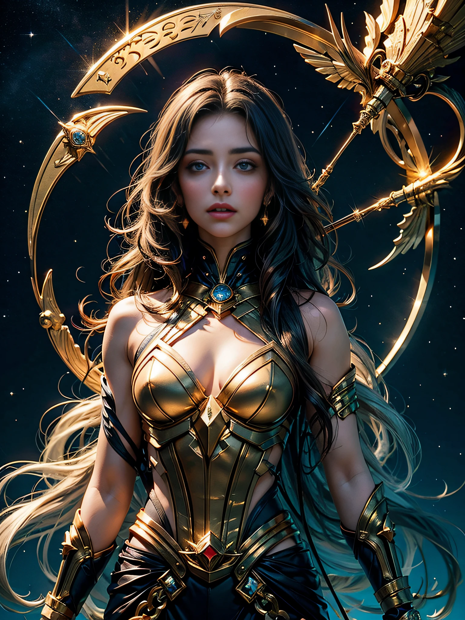 Sagittarius image,Magical golden Sagittarius astrolabe,Archer bow and arrow image in hand,(The upper body is the image of the human body, The lower body is the body image of a horse),((Charming Sagittarius female character:1.2),(Sagittarius symbol:1.1),starryskybackground,The stars twinkle,A sense of mystery,Cosmic elements,Majestic and deep atmosphere,Gorgeous decorative details,mesmerizing eyes,long hair flowing,starlight embellishment,dream colors)