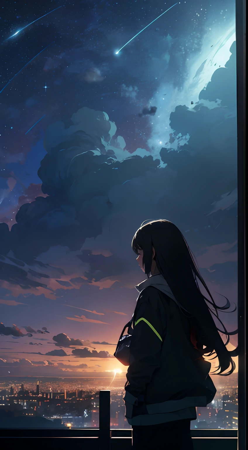 octane，Skysky，As estrelas（Skysky），scenecy，starrysky，the night，sandbeach，1girll，nigh sky，独奏，exteriors，buliding，​​clouds，galactic，sitted，The tree，Long hair，城市，siluette，view over city