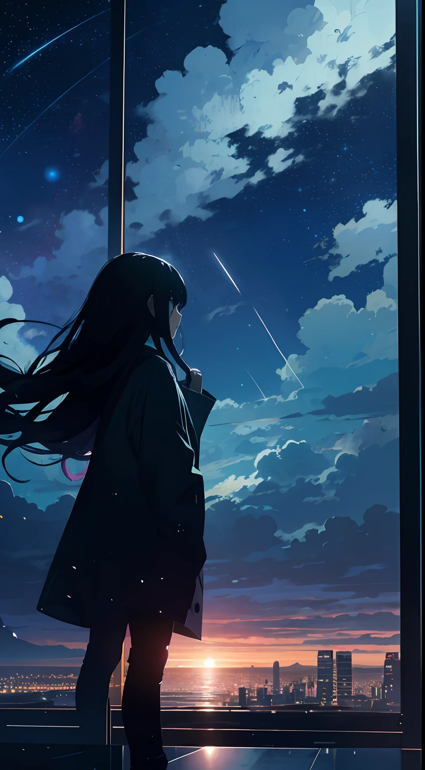 octans，Skysky，As estrelas（Skysky），scenecy，starrysky，the night，beach，1girl，nigh sky，独奏，exteriors，buliding，​​clouds，galactic，sitted，The tree，Long hair，城市，siluette，view over city