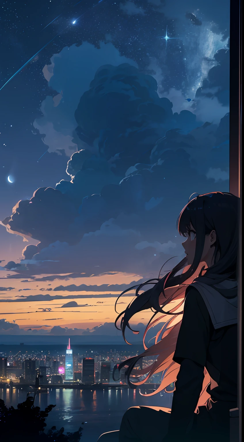 octans，Skysky，As estrelas（Skysky），scenecy，starrysky，the night，beach，1girl，nigh sky，独奏，exteriors，buliding，​​clouds，galactic，sitted，The tree，Long hair，城市，siluette，view over city