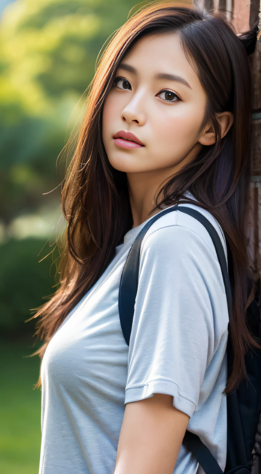 (natta, Need, 8K, tmasterpiece:1.3)), full bodyesbian, Long legs, Focalors:1.2, perfect figure beautiful woman:1.4, Slim abs:1.1, ((Dark brown hair, large tities:1.2 )), (Harnes,The shirt,Side head:1.2,), ((parks, :1.3)), Highly detailed facial and skin texture, A detailed eye, 二重まぶた,Flying long hair,backpacks,mountaineering