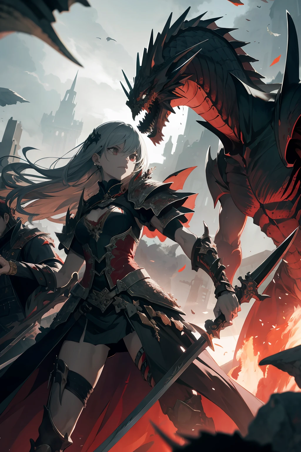 blood vess、atrocious、A high resolution、ultra - detailed,Bones are everywhere,Broken weapons are scattered everywhere,Loaded with swords, Guns and halberds,The weapon should have undried blood,The top of the pile of bones,A woman who is,Wearing dragon-patterned armor,The armor is black dragon scales,The hands are supported by broadswords,(The sword pierces the monster's head,1.3),The sky is gloomy。