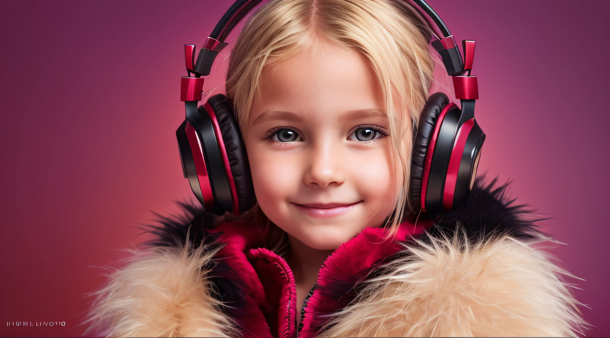 GIRL CHILD ***********, RUSSIAN STYLE BLONDE HEADPHONES, BLACK FUR COAT, MESSY SHOULDER LENGTH BLONDE HAIR, RED BACKGROUND, BROWN EYES, HAPPY, CLEAN DETAILED FACES, INTRACATE CLOTHES, ANALOGOUS COLORS, BRIGHT SHADOWS, BEAUTIFUL GRADIENT, DEPTH OF FIELD, CLEAN IMAGE, HIGH QUALITY, HIGH DETAIL, HIGH DEFINITION, LUMINOUS STUDIO GRAPHICS ENGINE, BEAUTIFUL FACE