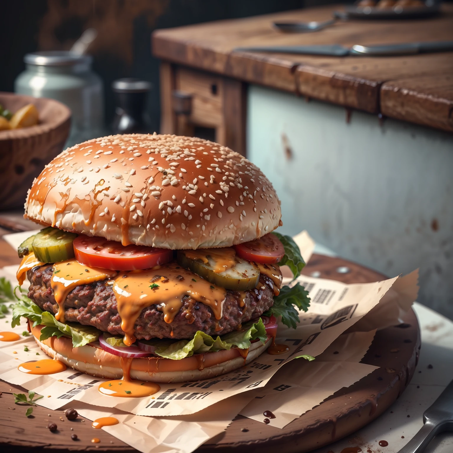 a burger on a countertop with potatoes