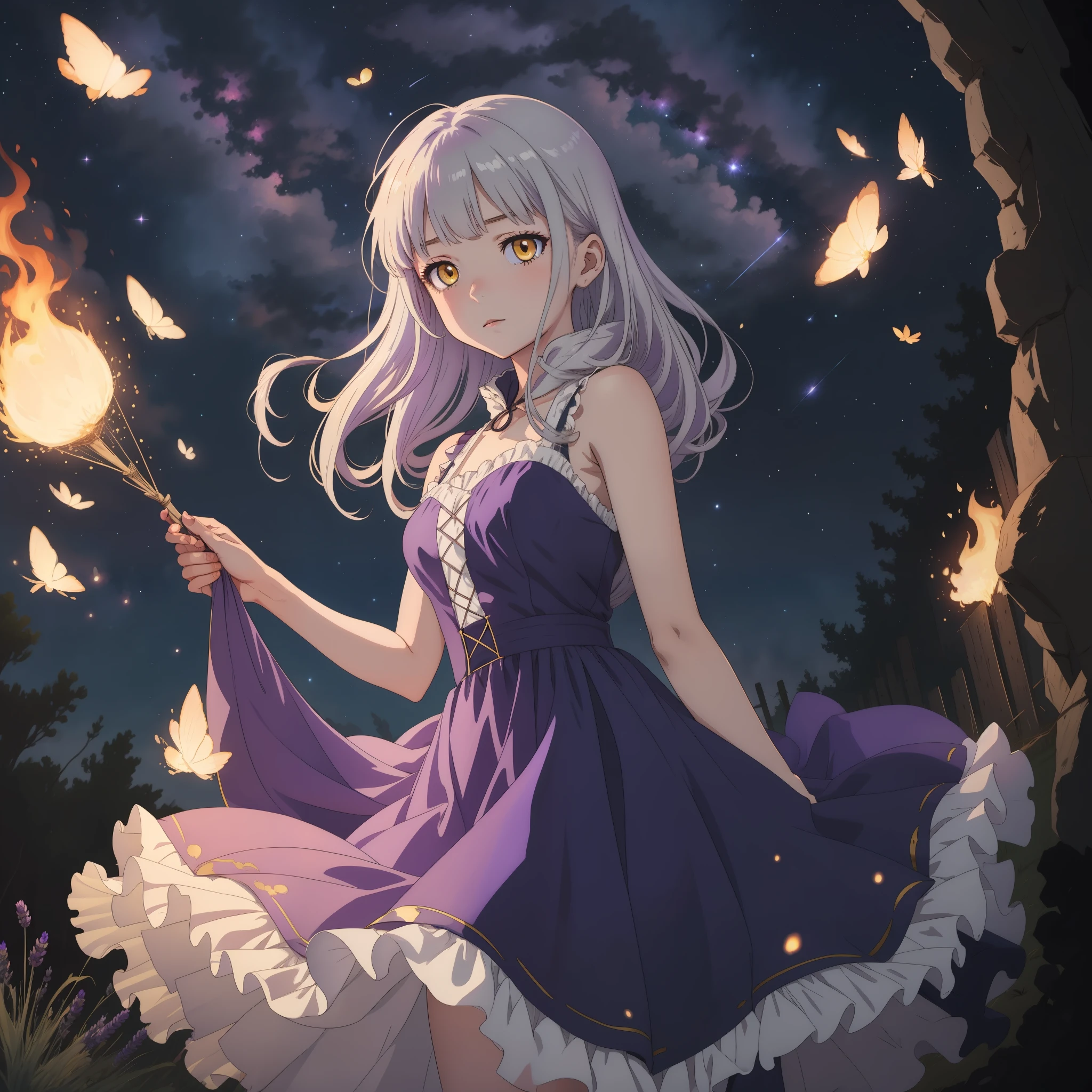 Silver haired anime girl with bright yellow eyes wearing sleeveless pale lavender tule net fluffy dress under starry sky with shooting stars standing alone by herself surrounded by fireflies