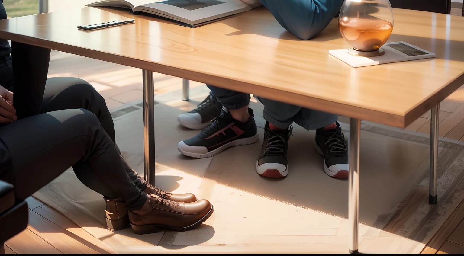 Three people hiding under a table of a modern house