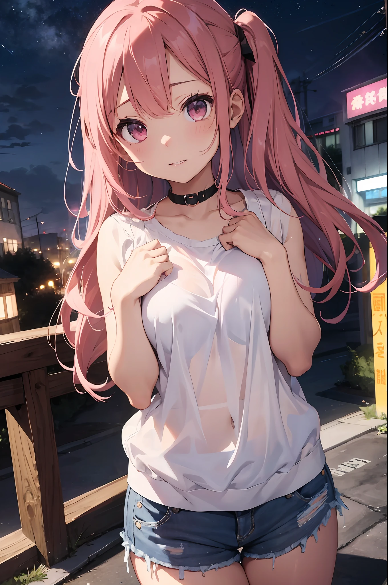（mideum breasts、tomgirl、）、（the perfect body：1.1）、（hair wavy：1.2）、(Pink hair)、(Very long hair)、(Twin-tailed)、（(confident facial expression)）、reddish brown、collars、chain、FULL BODYSHOT、natta、High-rise building rooftop、neons、Night view below、White tank top、Underwear is sheer、jean jacket、（Shorts）、（Very elaborate CG 8K wallpapers）、（extremely delicate and beautiful）、（​masterpiece）、（top-quality）:1.0)、(超A high resolution:1.0)、beautiful  lighting、perfect lightning bolt、realistic shadow、[hight resolution]、detailed skins、ultra-detailliert ((colourfull))、Look