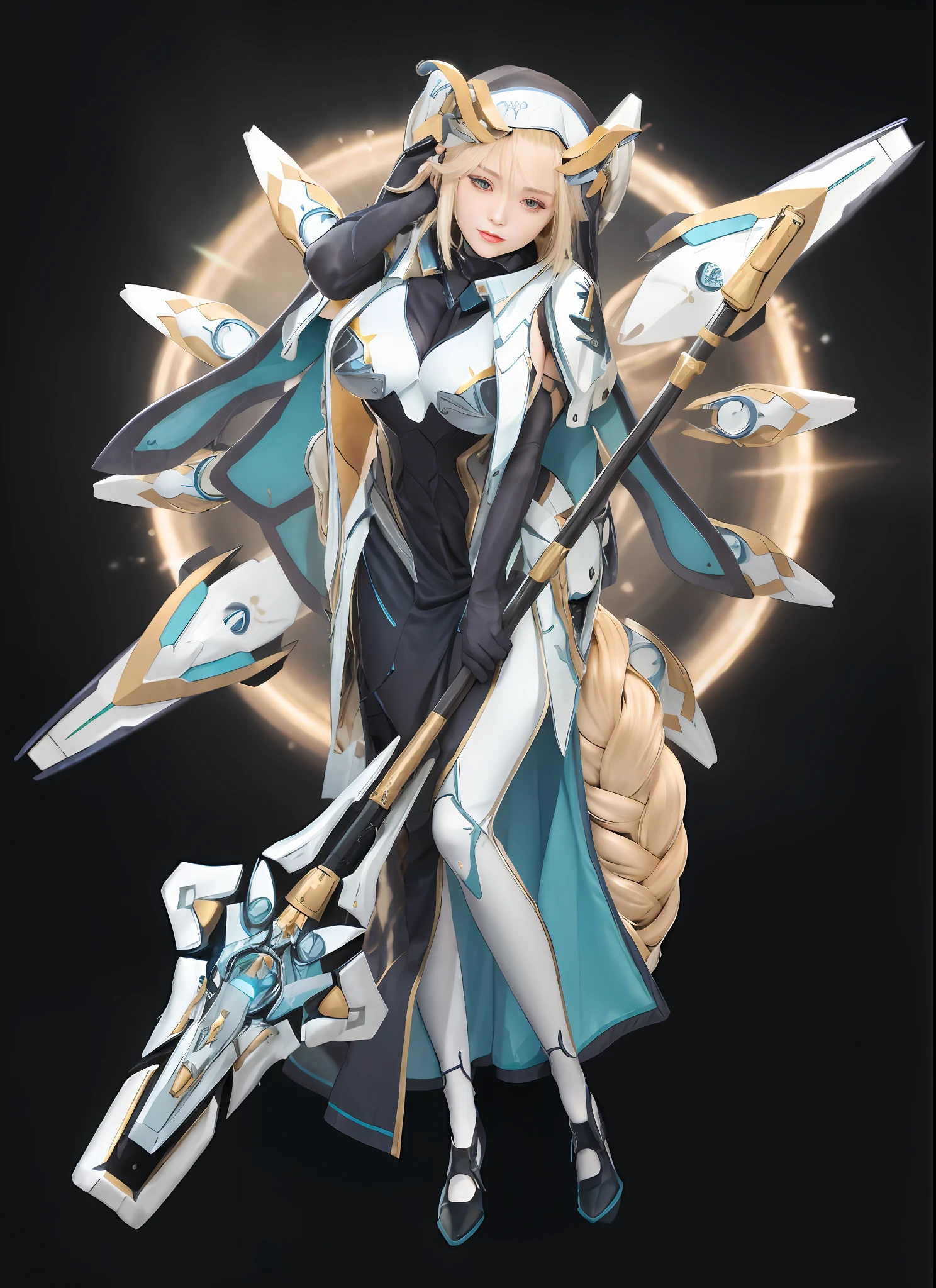 Close up portrait of a person with a cane, Mechanized sister、Large braid with back hair、Valkyrie Girl, cushart krenz key art feminine, Official Character Art, full portrait of elementalist, from arknights, keqing from genshin impact, of a ramlethal valentine, in opal armor, Ayaka Genshin Impact, character artwork, holy paladin, Gear Aurora Borealis
