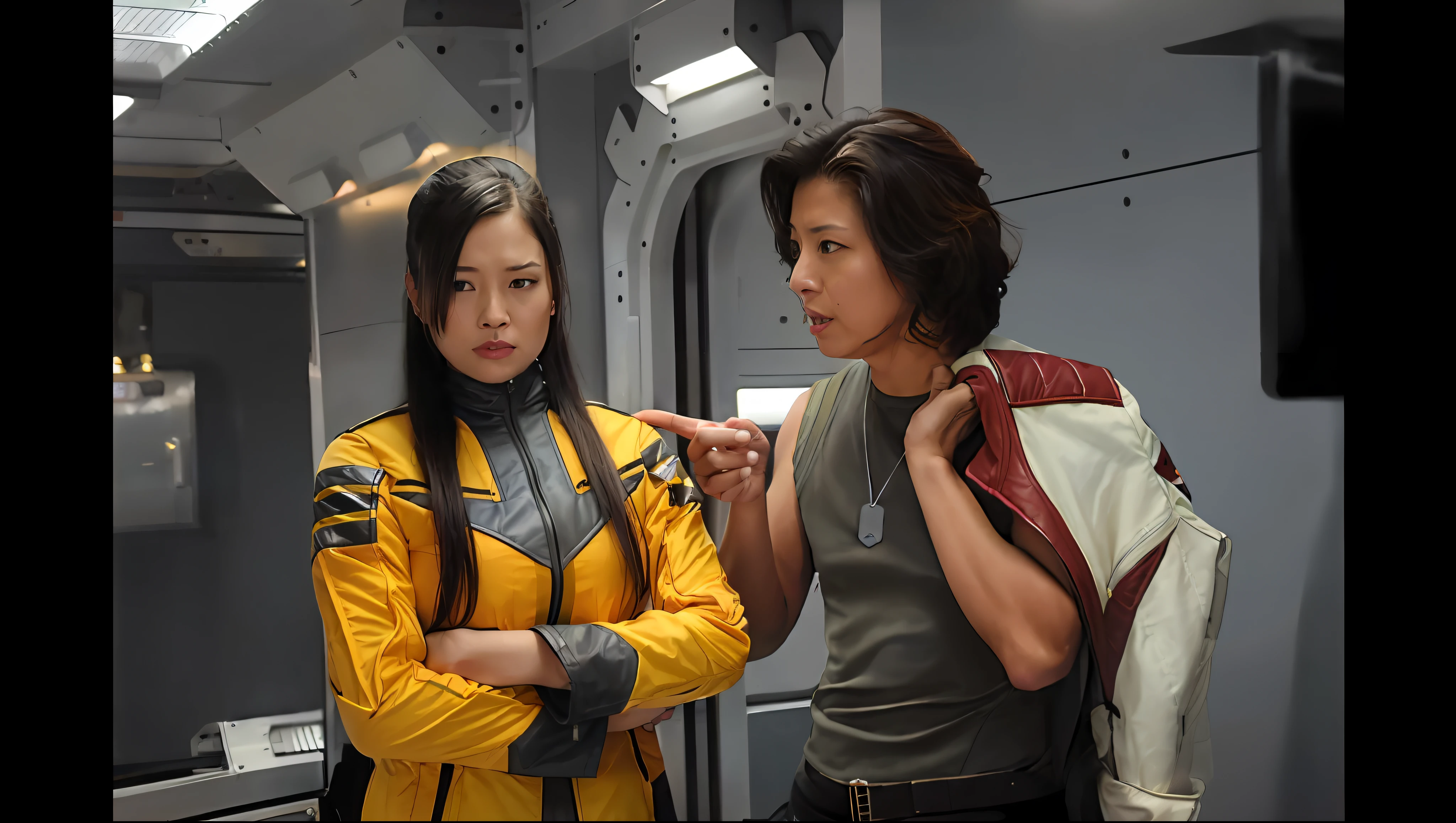 Two women in yellow jackets standing next to each other on a train, Akira and bumblebees, live action movie scene, still from live action movie, 19xx :2 Akira film style : 8, Science fiction movie stills, japanese live action movie, star trek asian woman, movie still of the alien girl, fiona staples and kinu nishimura