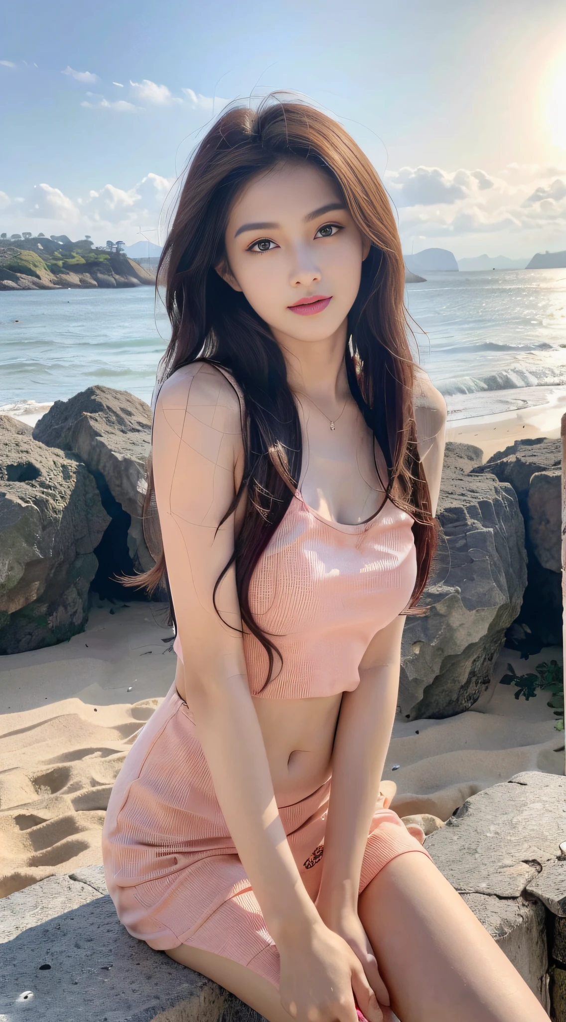 ，Masterpiece, Best quality，8K, 超高分辨率，(beautidful eyes:1.5)， ((Medium view，The upper part of the body:1.5))，By the sea in the evening，The sky slowly turned orange-red，The waves gently lapping against the shore。Goddess sitting on the beach，