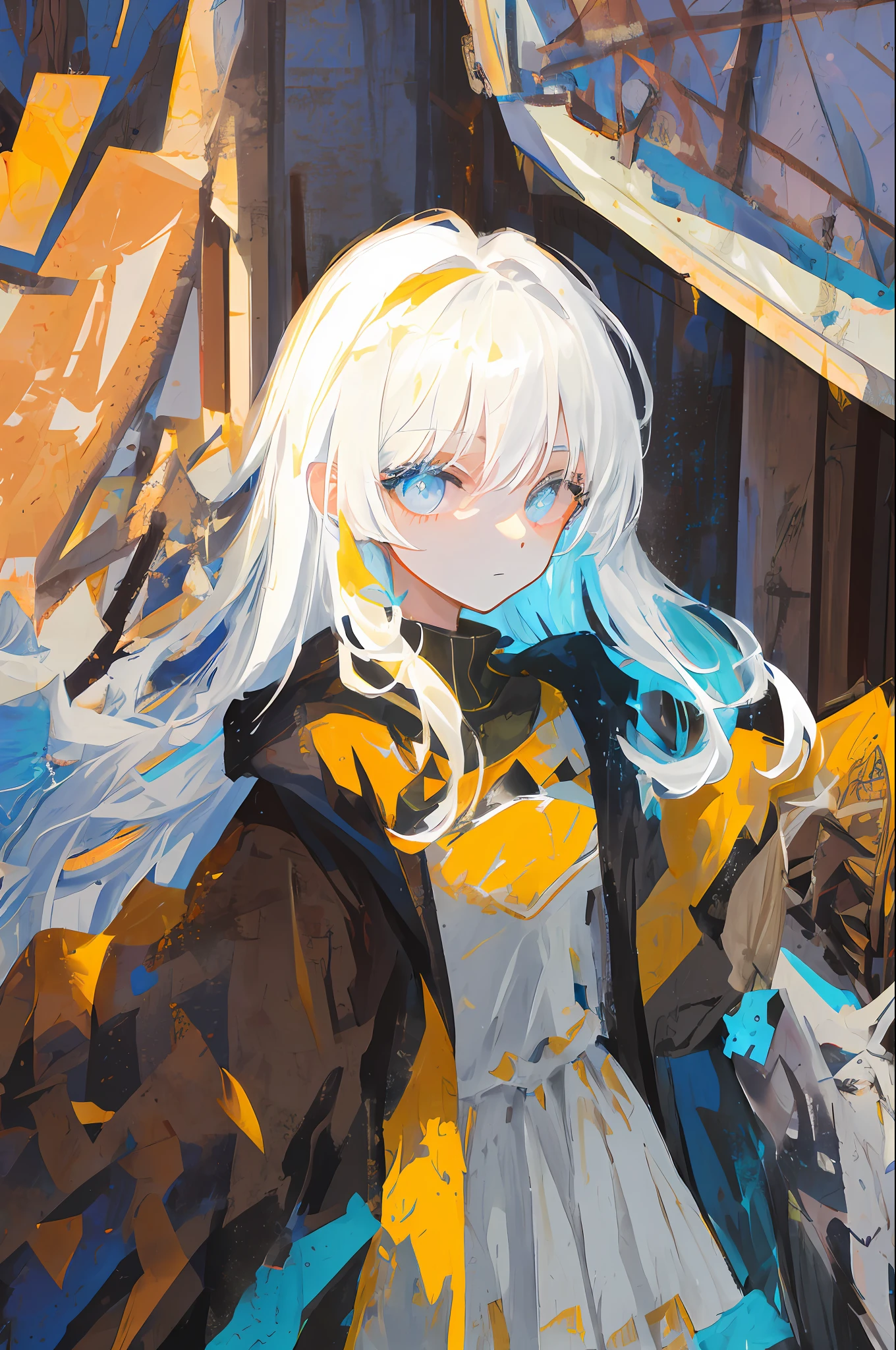 masterpiece, top-quality, ultra-detailliert, illustratio,Have beautiful eyes, A desert, Urban debris, cold face, (looking at the viewers), bright white hair, natta,Moonlight, beautidful eyes