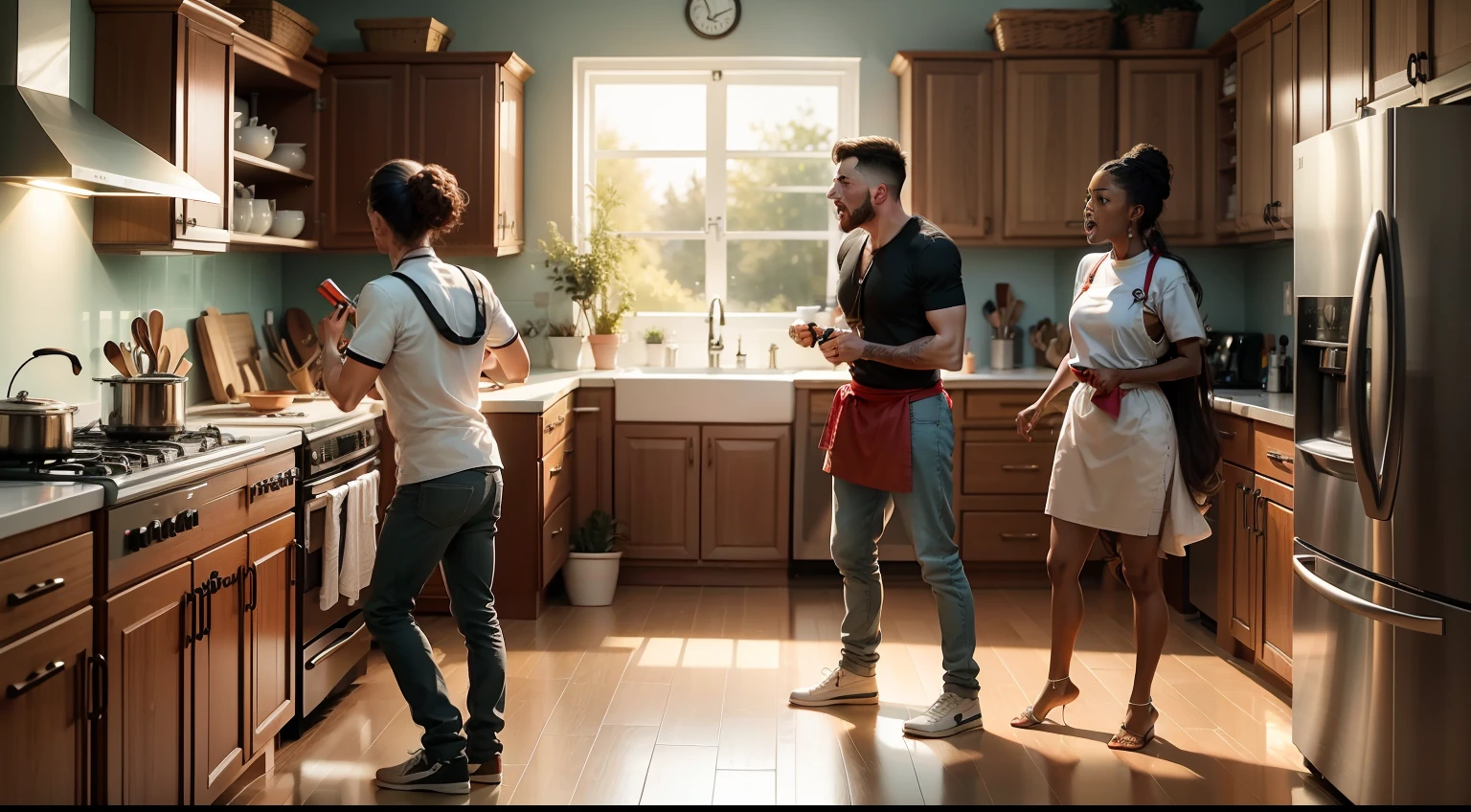 People arguing and fighting in the kitchen of a luxurious house