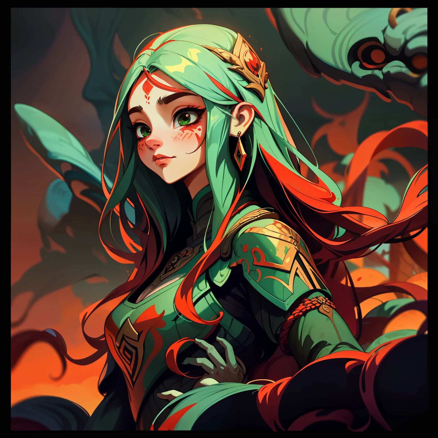 adesivo,1girl, fundo simples, retrato, girl with long hair, beautiful warrior, warrior aesthetic, beautiful girl, very beautiful fantasy art, beautiful and elegant female warrior, beautiful detailed fantasy, red and green color palate, red color-theme