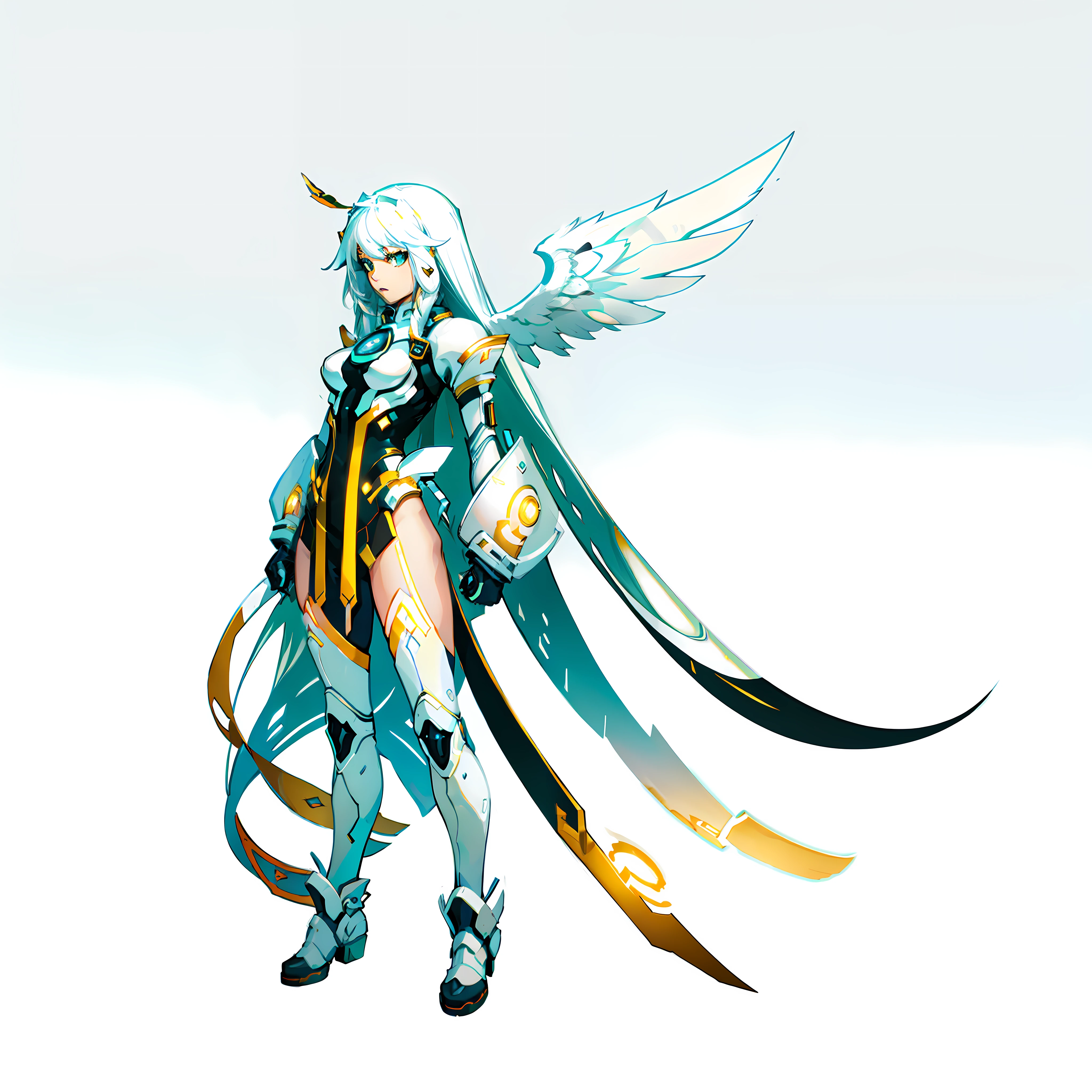 Guardian, Angel, Female, Android, white long hair, full body shot, no background, gradation