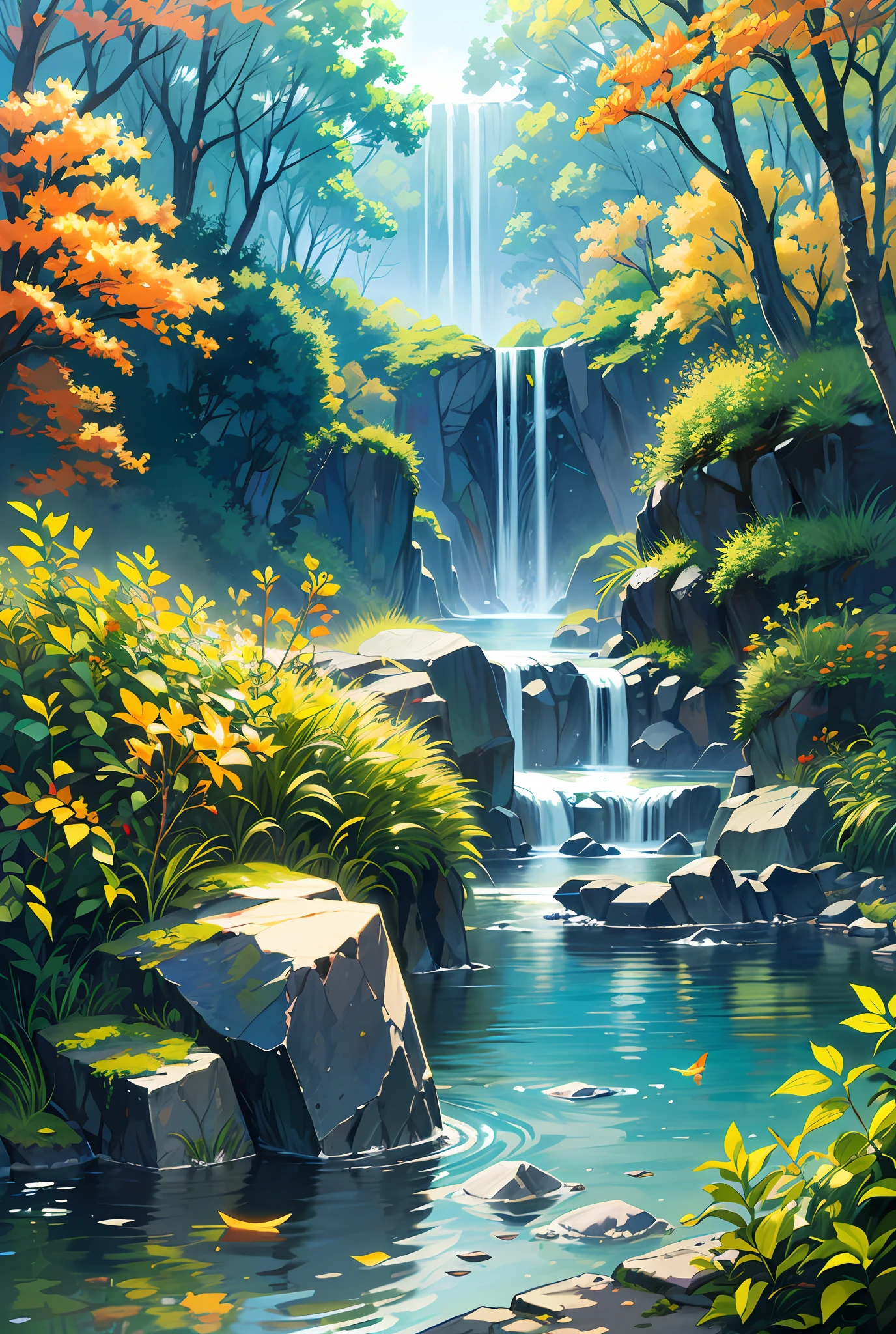 tmasterpiece,best qualtiy,(Very detailed CG unity 8k wallpaper)(best qualtiy),(Most Best Illustration),(best shadow)Nature',Blue sea,Delicate leaves of various colors fall in air light tracking,ultra-detailliert ,Carp in the water --v6