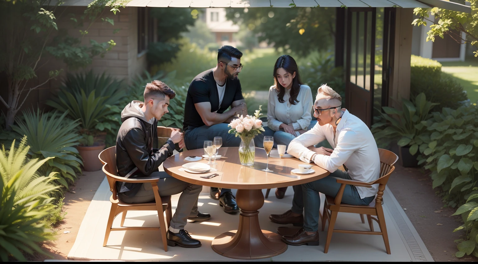 "Three people hidden under a luxurious modern home table.