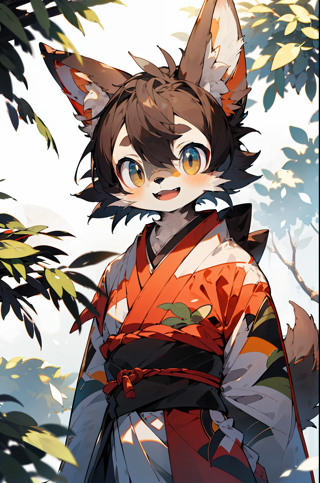 depth of field, perfect lighting, light particles,(best quality),(masterpiece),(ultra detailed),sharp focus,light particles, niji, eyesgod, blush, brown_eyes, looking_at_viewer, smile, solo, furry, animal_ear_fluff, open_clothes, arms behind back, upper body, tail, kimono, japanese clothes, sunlight, tree, open mouth, from below, arms behind back,