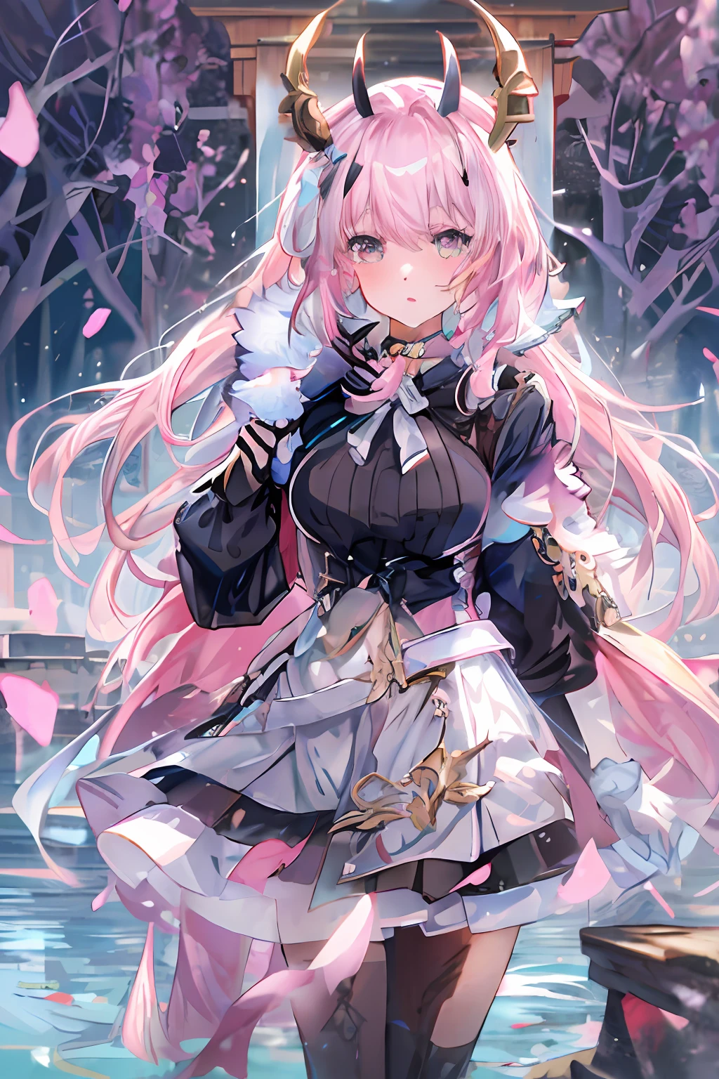 anime girl with pink hair and horns standing in front of a fountain, best anime 4k konachan wallpaper, cute anime waifu in a nice dress, splash art anime loli, detailed key anime art, from arknights, cushart krenz key art feminine, ayaka genshin impact, trending on artstation pixiv, 8k high quality detailed art