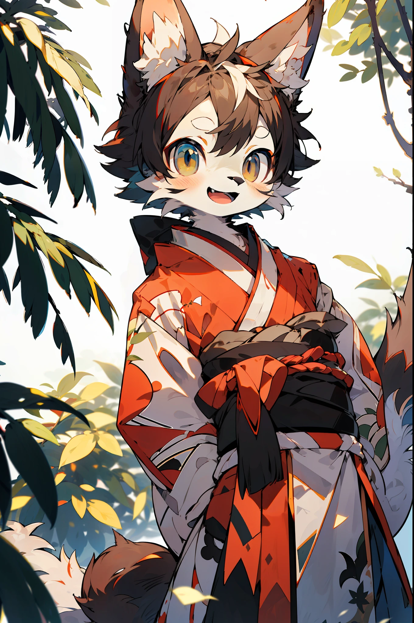 depth of field, perfect lighting, light particles,(best quality),(masterpiece),(ultra detailed),sharp focus,light particles,  niji, eyesgod,  blush, brown_eyes, looking_at_viewer, smile, solo, furry, animal_ear_fluff, open_clothes, arms behind back, upper body, tail, kimono, japanese clothes, sunlight, tree, open mouth,  from below, arms behind back,