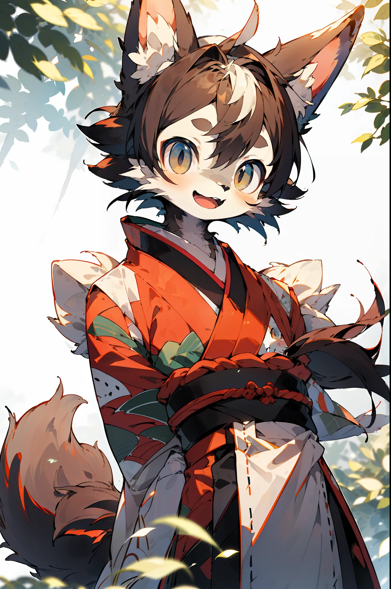 depth of field, perfect lighting, light particles,(best quality),(masterpiece),(ultra detailed),sharp focus,light particles, niji, eyesgod, blush, brown_eyes, looking_at_viewer, smile, solo, furry, animal_ear_fluff, open_clothes, arms behind back, upper body, tail, kimono, japanese clothes, sunlight, tree, open mouth, from below, arms behind back,
