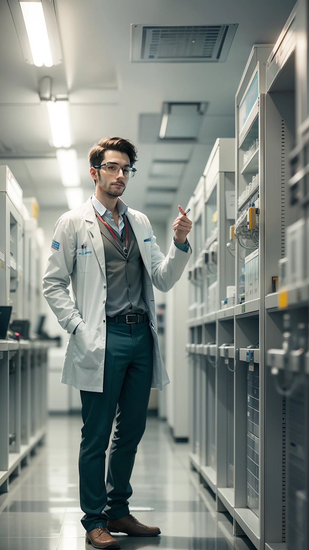 A male scientist standing in lab of computers, looking at audience.