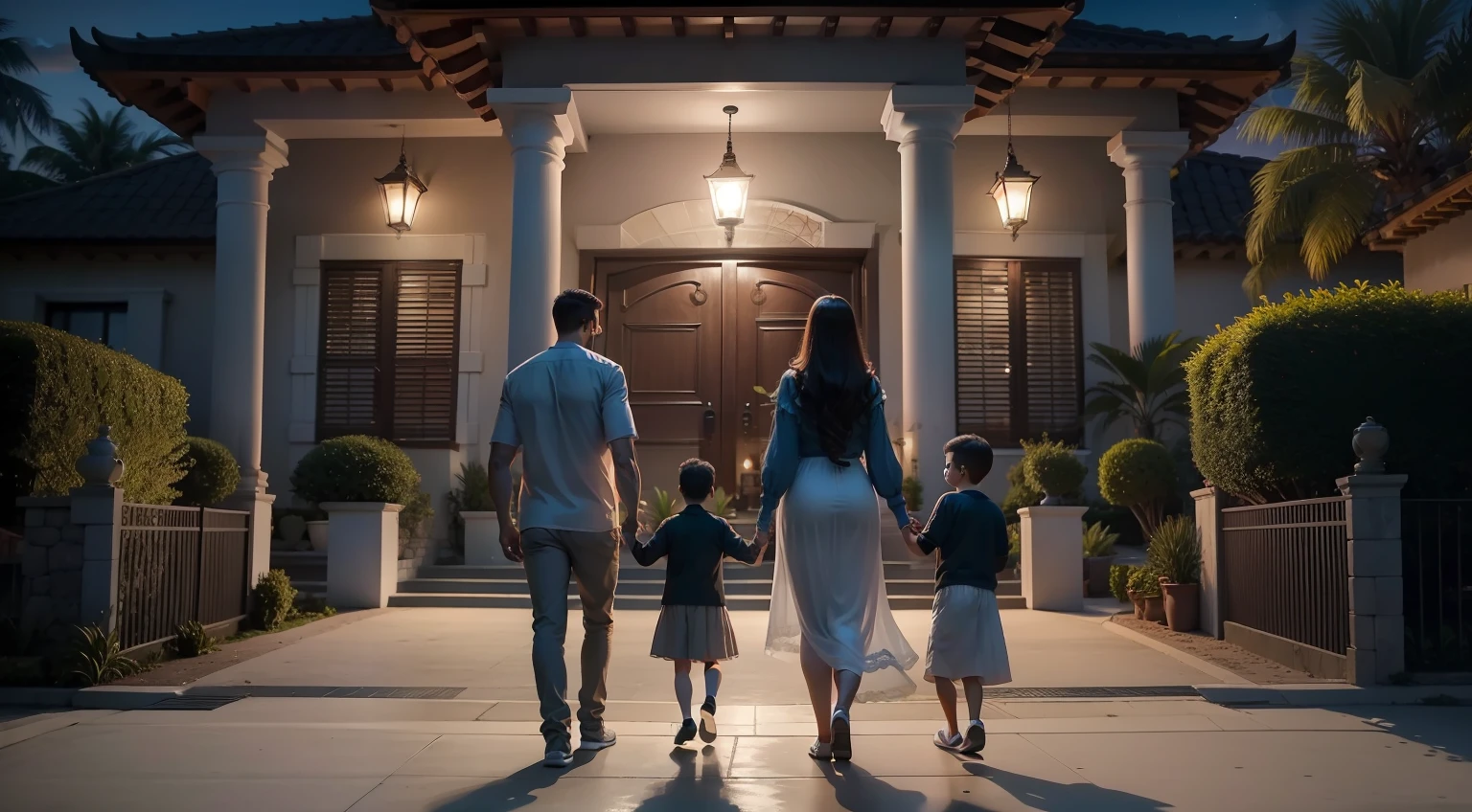 noite chuvosa, Family arrives at their modern-style mansion. noite chuvosa, chovendo