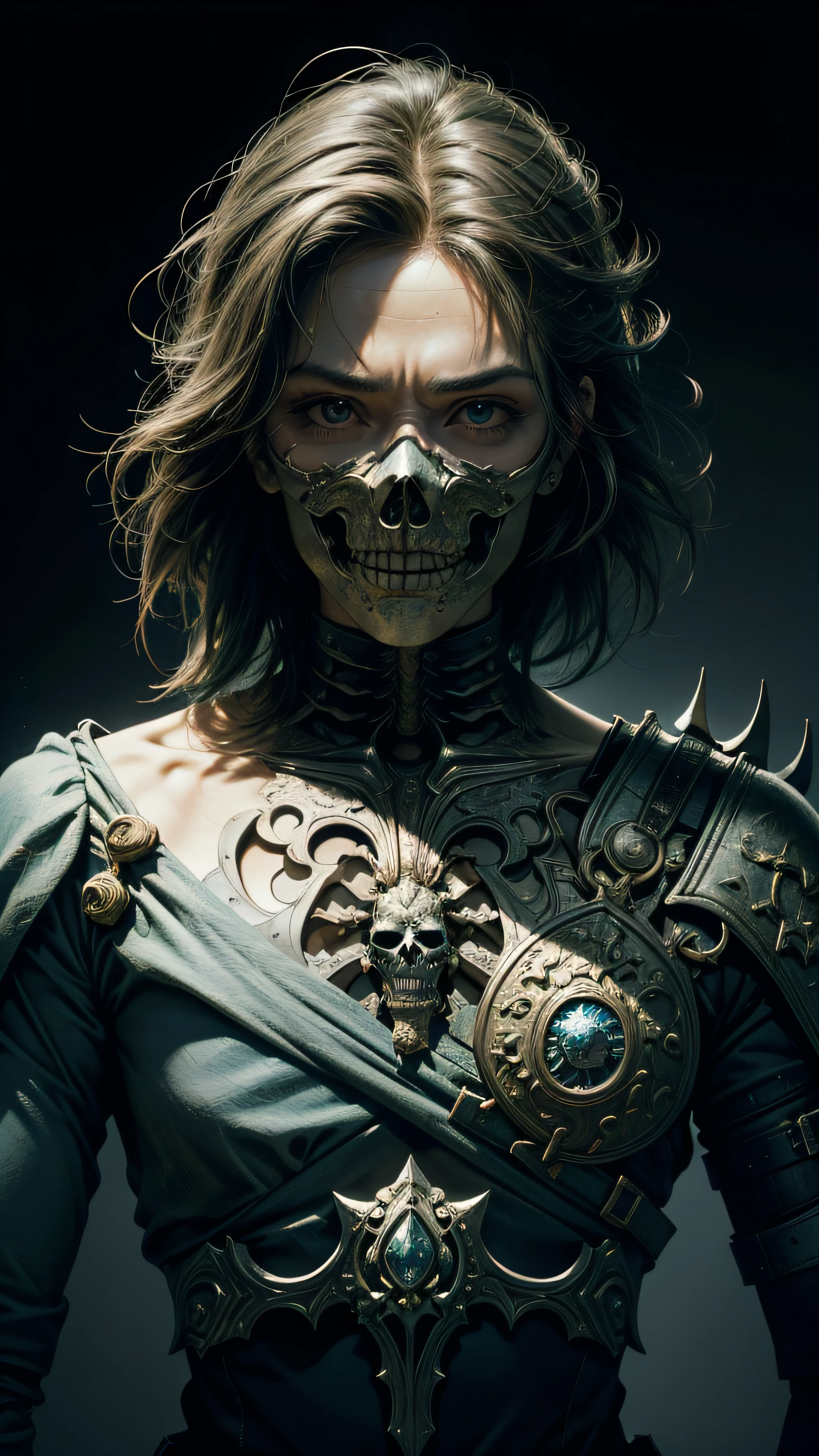 a skeletonized man with pieces of flesh hanging from his bones, His skull is covered in rocks and ice, Escultura intrincada, wearing a face mask, bright eye sockets, vestindo uma coroa azul congelada, obra-prima, melhor qualidade, detalhes intrincados, Absurdo, Use a high resolution, como 500 DPI (pontos por polegada) ou maior. This will ensure that each element of the image is rendered clearly and sharply, allowing the reproduction of minute details. Texturing: Pay special attention to the texture of the objects or surfaces present in the image. Use advanced texturing techniques to faithfully represent the specific characteristics of each element, como pelos de animais, skin wrinkles or roughness of a surface. Shading and lighting: Apply realistic shading and lighting to create depth and scaling in the image. Use fictional light sources to add realism to objects and characters, considerando os efeitos de luz e sombra em diferentes partes da imagem. detalhes finos: Foque em capturar os detalhes mais sutis, as small facial expression lines, texturas de pele, detalhes de folhagem ou pelo de animais. Use hyper-realistic drawing techniques to convey these small elements that make a difference in image perception. Cores e tons: Pay attention to the accurate reproduction of the colors and tones of the image. Use a rich and varied color spectrum to ensure a faithful representation of the elements present in the scene. Also consider the relationship of colors and contrasts to create a sense of realistic depth.