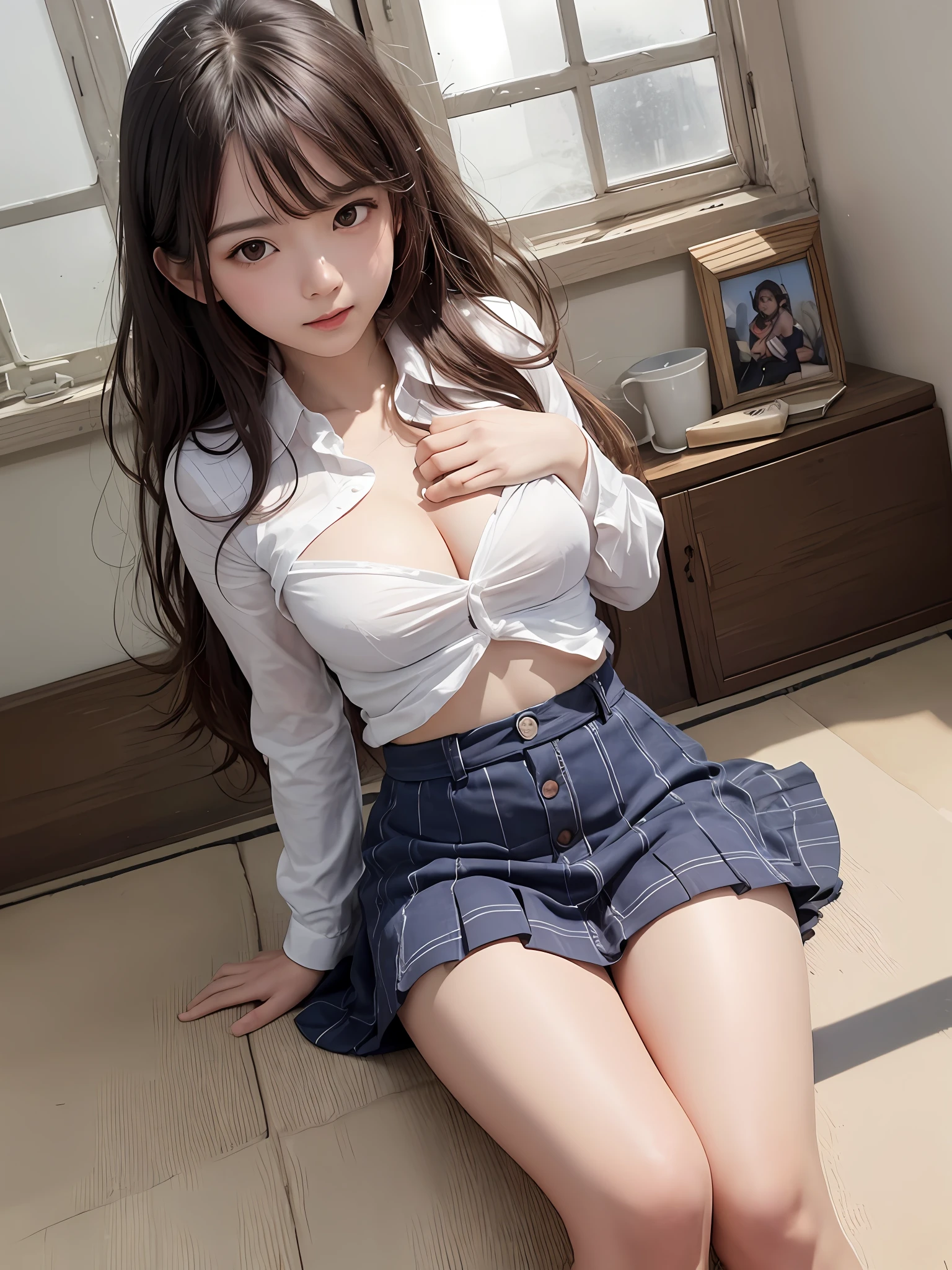 japanes、Sheer feeling、High School Uniform、Lolita、realisitic　8K beautiful breasts、Visible Pore、accuracy、20yr old、Transparent place、　enticing　、a miniskirt　、Show a glimpse、Mideum Breast Sunlight、sunlights、(the perfect body : 1.1)、(年轻)、FULL BODYSHOT、(girl wearing school uniform) ：1.4、pleatedskirt、Button-up shirt）、（Very detailed CG 8k wallpaper）、（extremely delicate and beautiful）、（​masterpiece）、（top-quality：1.0）、（超A high resolution：1.0）、beautiful  lighting、perfect lightning bolt、realistic shadow、[Hi-Res]、Detailed skin、ultra-detailliert、Opening legs、Leg Raising、Kagami、、thighs thighs thighs thighs、thin clavicle、Soft navel、Soft abdomen、Soft back、Above the angle from、full of sweat、Beautiful breasts、red blush、Realistic、Lifelike face、realisticeyes、Small eyes、a smirk 、Show a glimpse、Cute、Wetting、A sexy、Stimulating、Tortoise shell binding