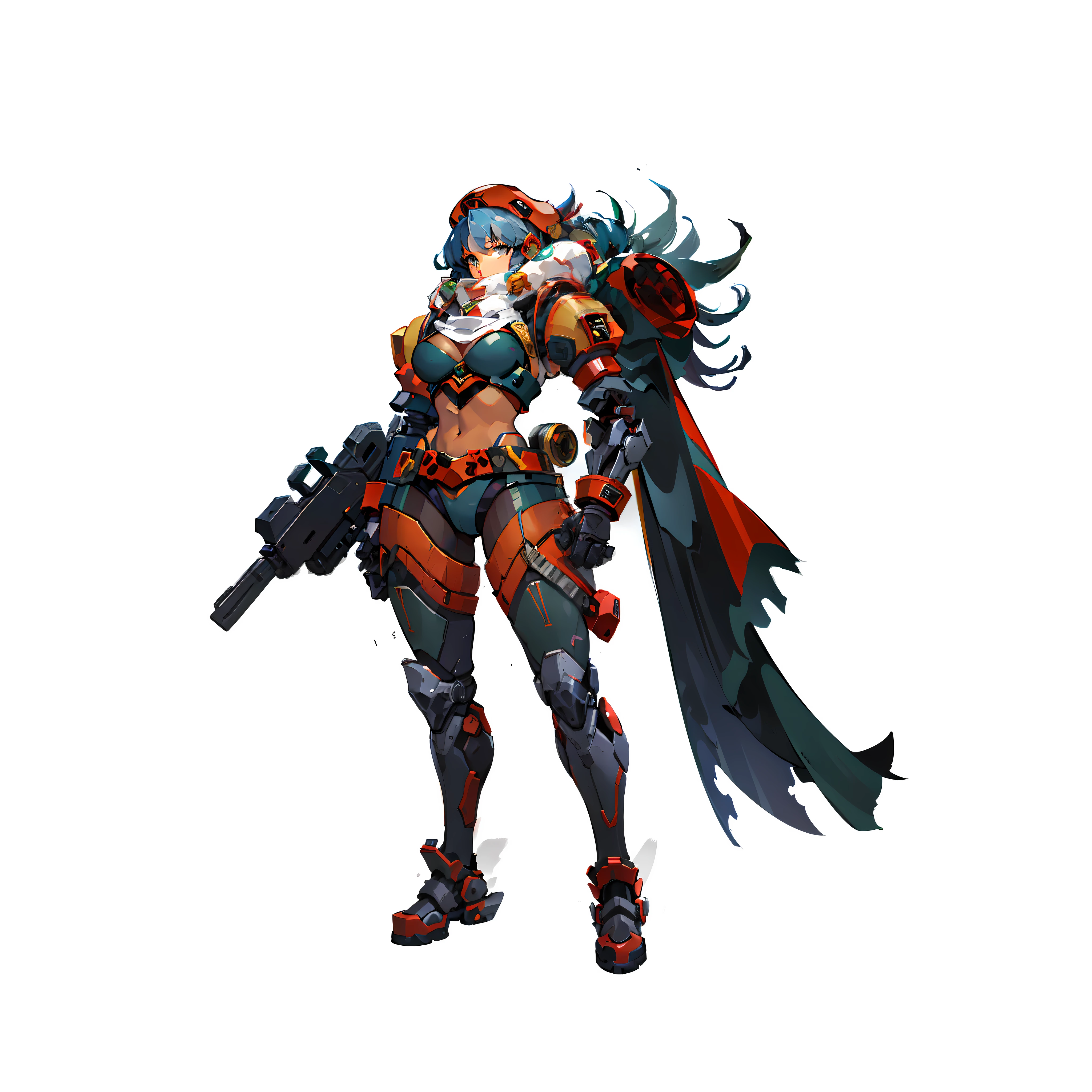 Biorobots, soldier, No background, White background, Full body shot, camouflage uniform, Red beret, big gun, Parts of the body are machines