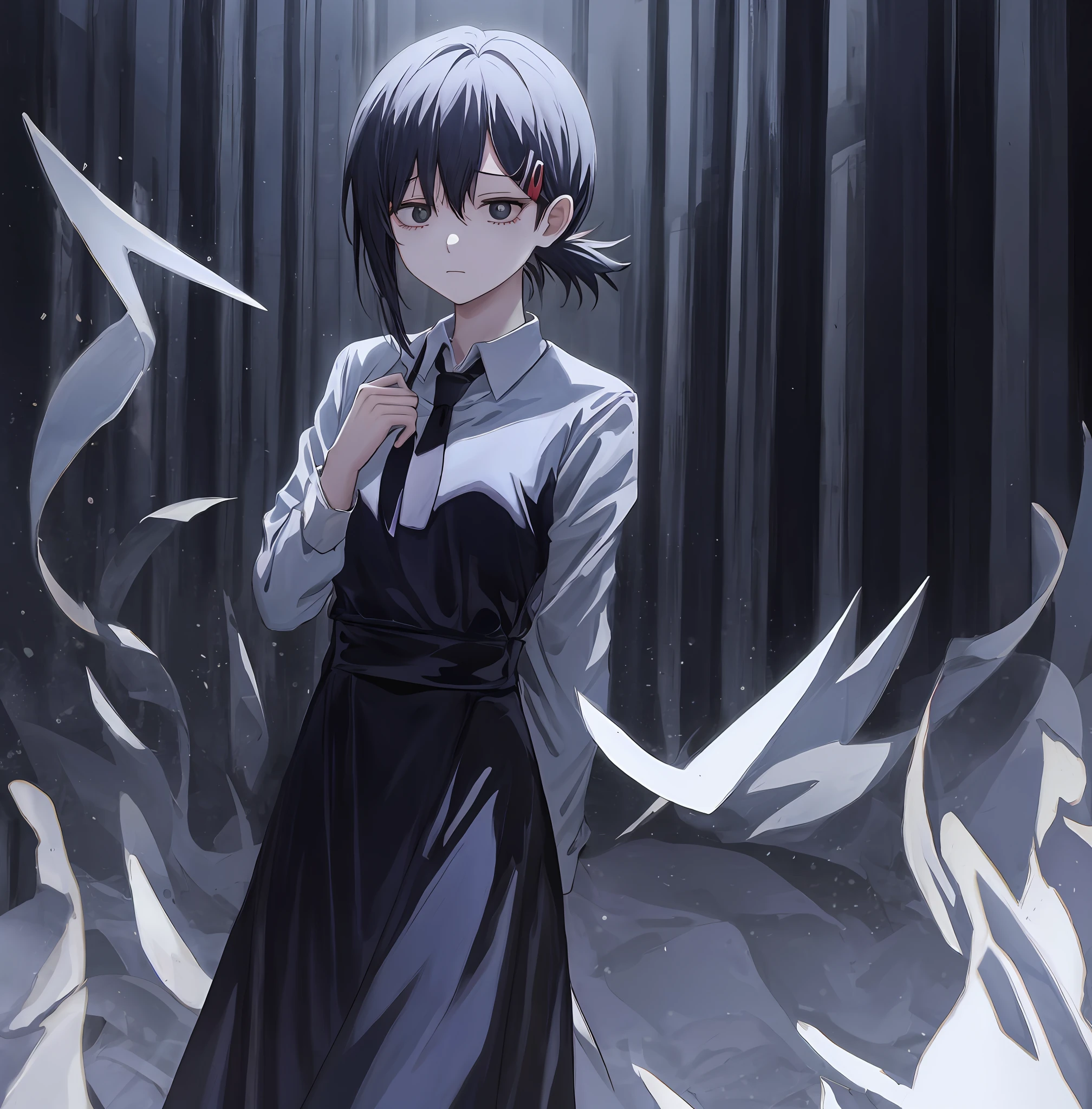 Anime girl standing on snowfield in black dress and tie, Yandere, gapmoe yandere, Yandere. Tall, gapmoe yandere grimdark, (Anime girl), pale young ghost girl, emo anime girl, in an anime style, slender girl, eerie and grim art style, In anime style, young and slender, Mysterious girl, fubuki