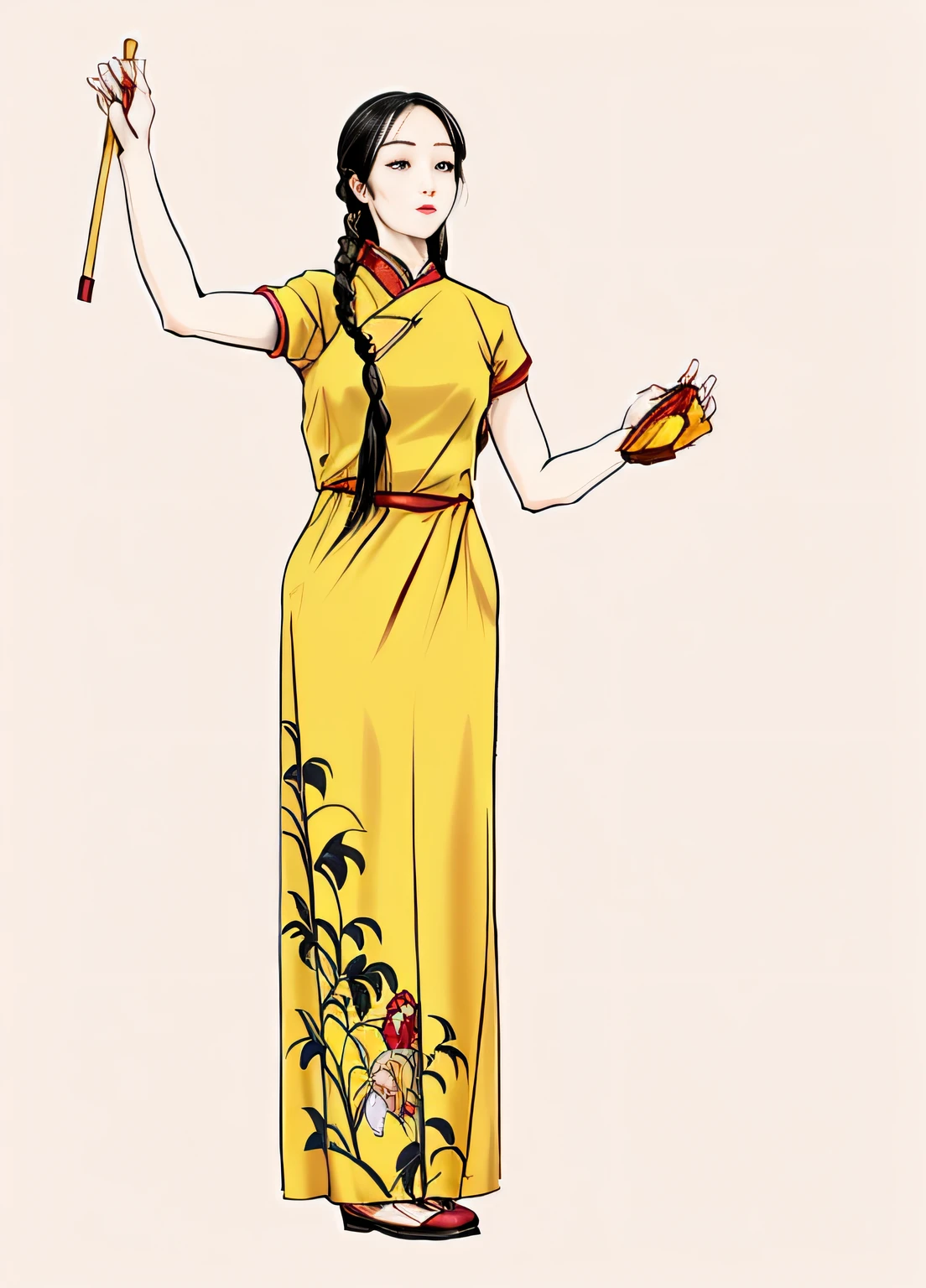 a drawing,A woman in a long dress holds a stick, Inspired by Li Tang, Red skirt,Brown leather shoes,Yellow-skinned,Black hair,coloured background, --auto