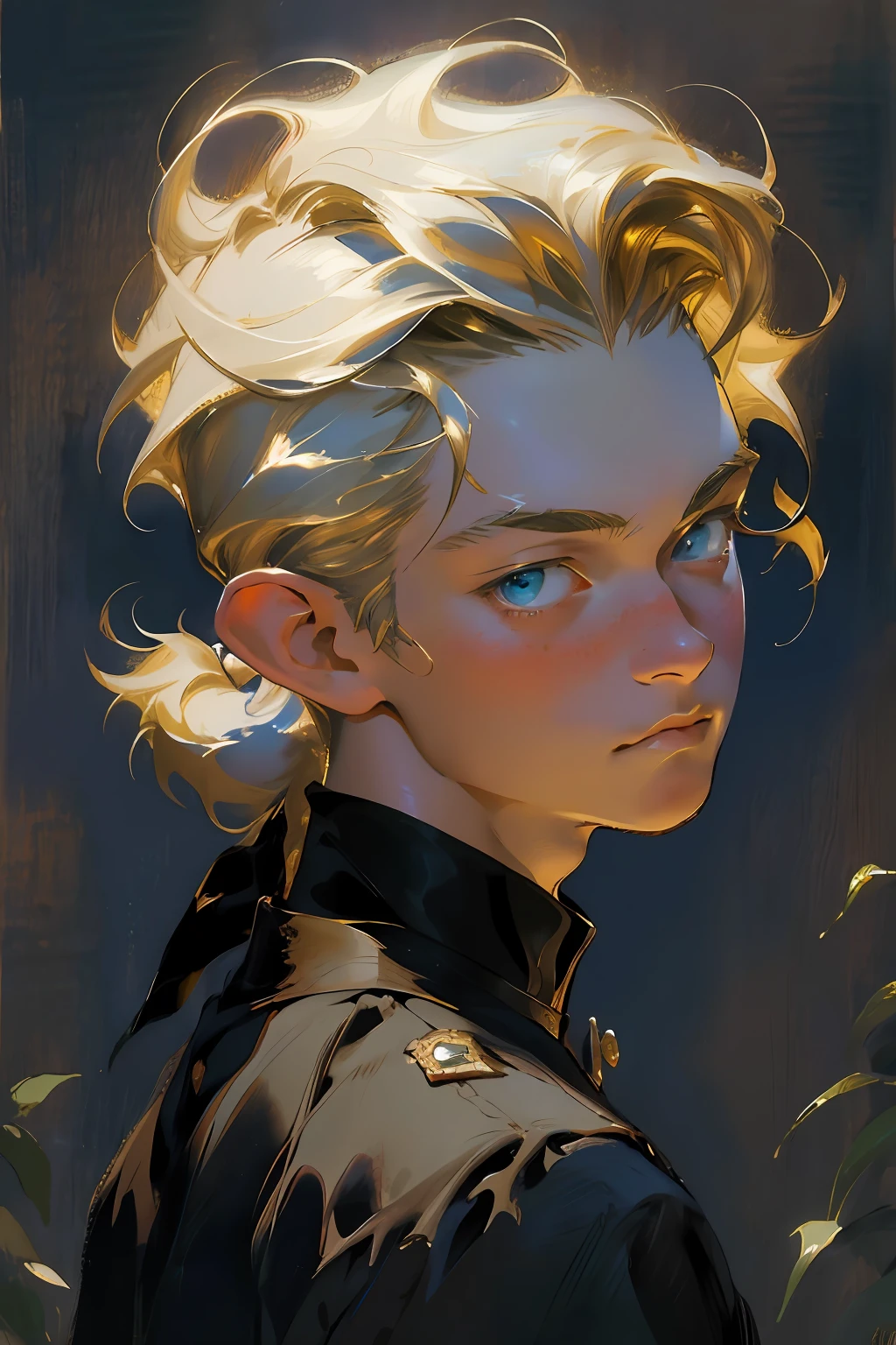 moody lighting, tranquil, calm, glow,masterpiece, best quality,masterpiece, best quality, John Singer Sargent, 1boy, elf prince, blonde ponytail, oil painting portrait, simple background