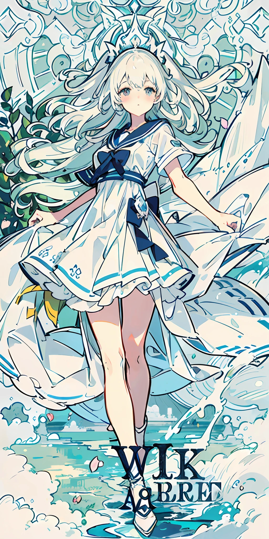(Extremely detailed Cg Unity 8K wallpaper),(((Masterpiece))), (((Best quality))), ((Ultra-detailed)), (Best Illustration),(Best shadow), ((An extremely delicate and beautiful)),Dynamic Angle,Floating, Solo,((1girll)),{Long wavy curly hair},Expressionless,((white idol dress)), anglesailor dress,(Detailed wet clothes),draped in silk,Bikini,underbust, frilld,cute anime face,Blush,(Beautiful detailed eyes), (Detailed light),feater, Nature, (Sunlight), River, (forest),(((Floating palace))),Beautiful and delicate water,(Painting),(Sketch),(full bloom),(Shine),