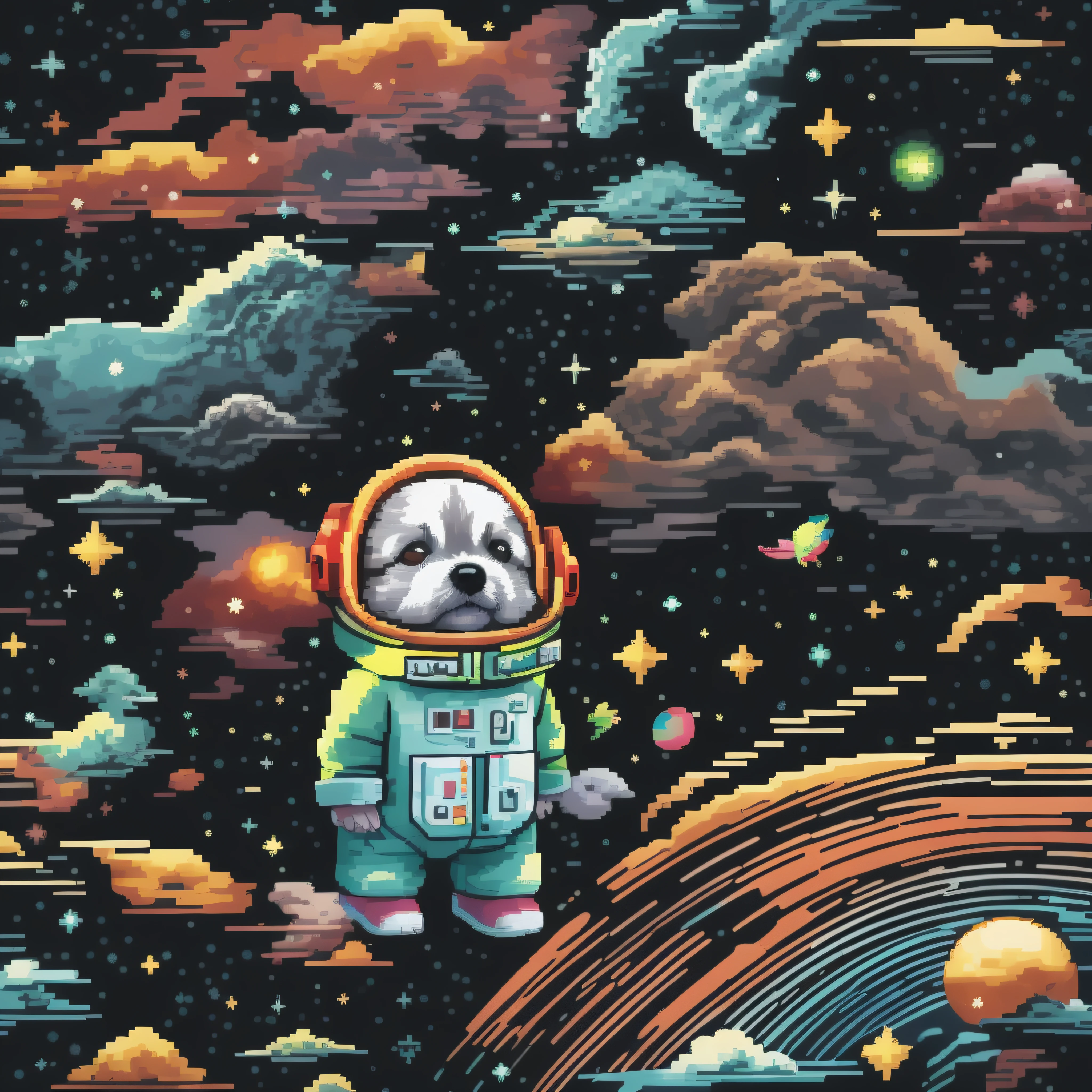 64pixels art, pixel art, very details adorable  dog, lost in galaxy background, Tshirt design, streetwear design, pro vector, pixel 64bits style, full design, 6 colors only, solid colors, no shadows, full design, warm colors, sticker, bright colors, galaxy environment, Capturing A whimsical, head, spaceship, wearing a nano space suit, winter spring wind rainbow a sprinkle of edible glitter in dream magical ground, trippy, 8k, vivid, ultra details, colourful lighting, surreal photography, portrait, fancy