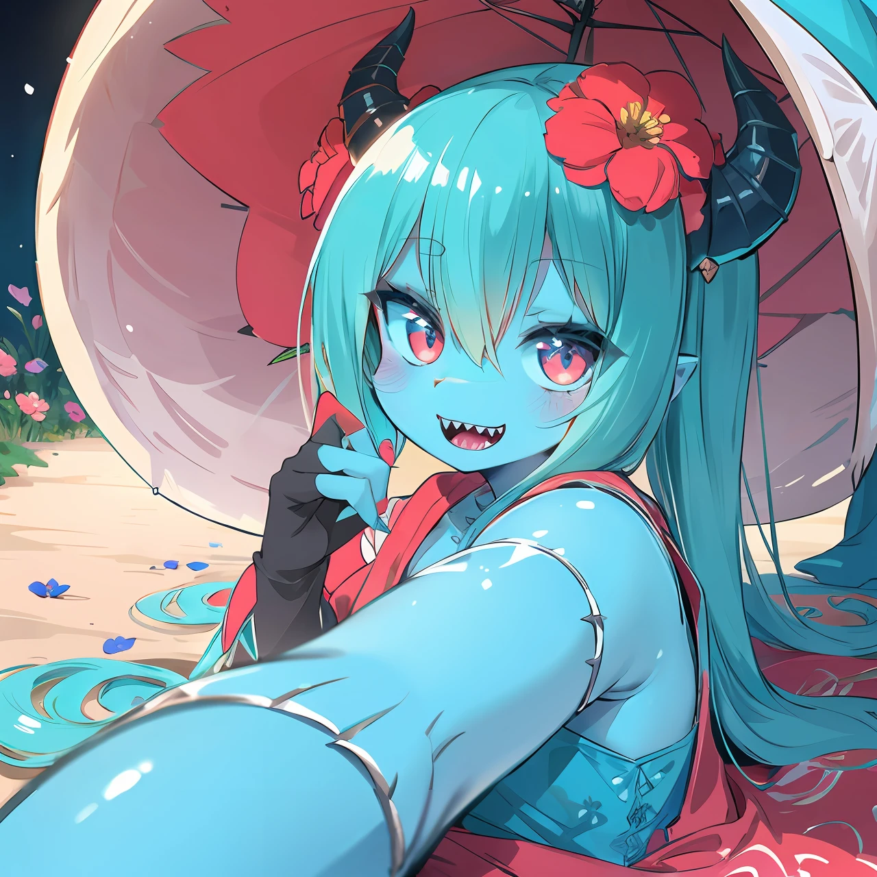 Cute tiny demon girl, (Turquoise blue skin), [furry dragon], in cute summer dress with flowers pattern, flower in her hairs, red claws on her fingers, sharp teeth, (red scales on skin), looking to viewer from ground, in beautiful park, [[close-up]], fantasy atmosphere, detailed background, rich color palette, trending on Pixiv, 4k