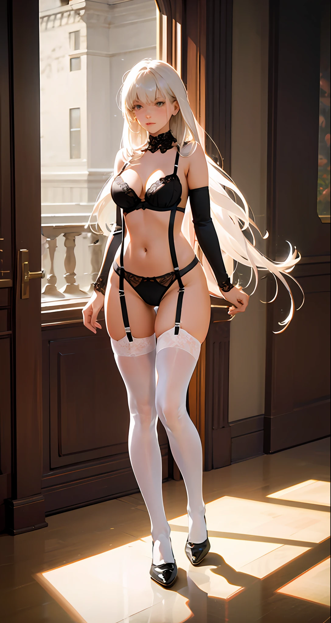 Full body photo of long hair white suspender stockings erotic lingerie