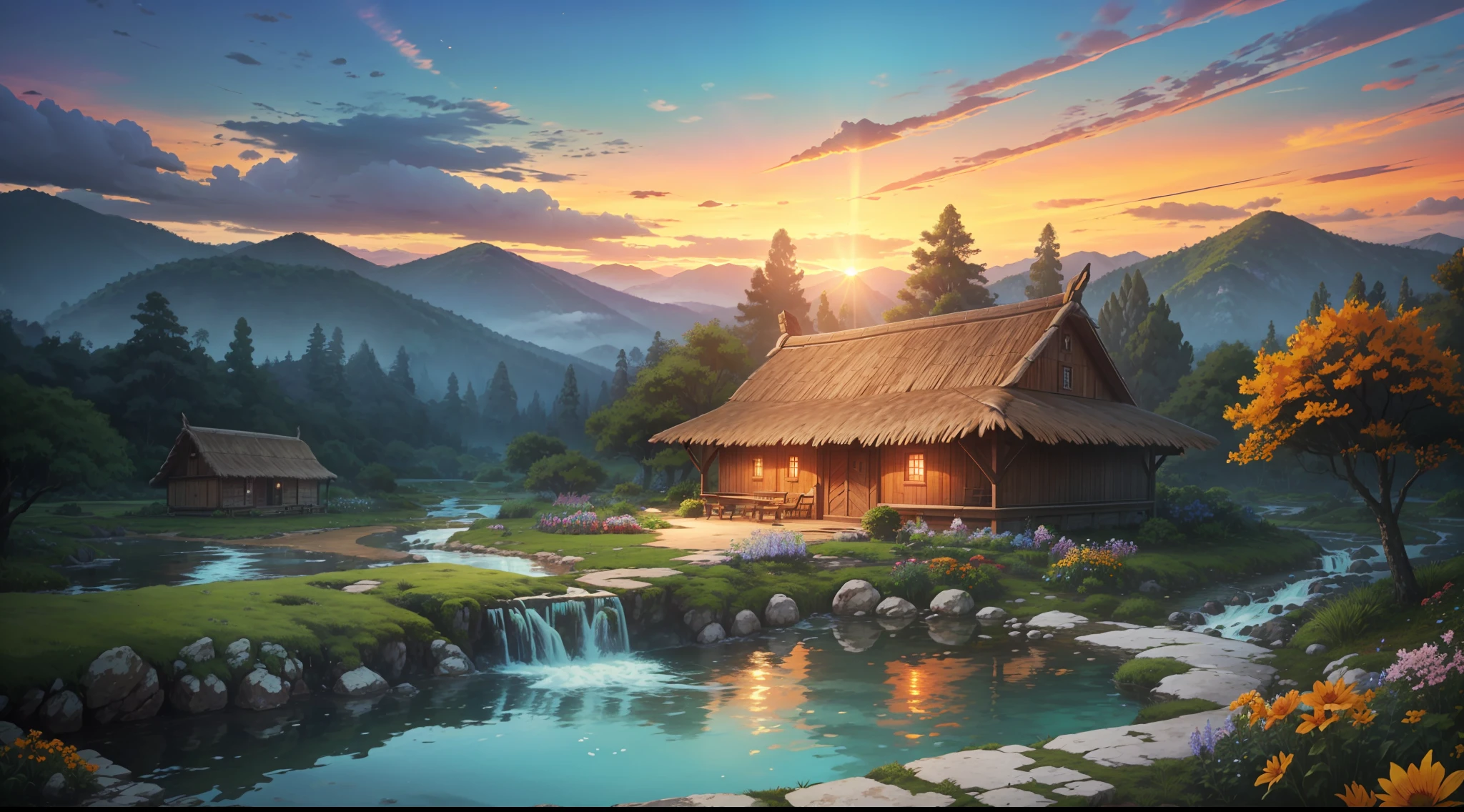 Anime, scenecy. mundo de fantasia encantador. Montanhas majestosas se erguem ao fundo, enquadrando um vale verdejante e sereno. Uma casa de campo pitoresca aparece em primeiro plano, with its rustic wooden structure and thatched roof, perfectly integrated into the countryside. The crystal clear stream that meanders near the house emits a comforting sound, enquanto as cores suaves da natureza pintam uma paleta serena ao redor. Butterflies and bees dance in the small flower garden. The sunset paints the sky with shades of orange and pink, Creating a magical spectacle on the horizon.