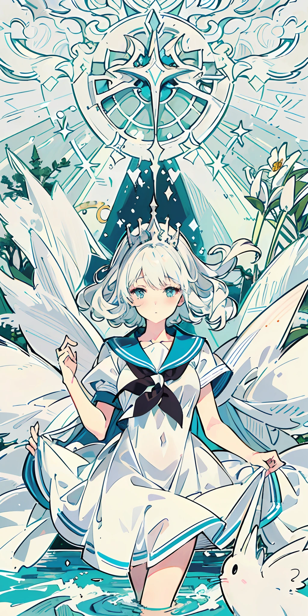 (Extremely detailed Cg Unity 8K wallpaper),(((Masterpiece))), (((Best quality))), ((Ultra-detailed)), (Best Illustration),(Best shadow), ((An extremely delicate and beautiful)),Dynamic Angle,Floating, Solo,((1girll)),{Long wavy curly hair},Expressionless,((white idol dress)), anglesailor dress,(Detailed wet clothes),draped in silk,Bikini,underbust, frilld,cute anime face,Blush,(Beautiful detailed eyes), (Detailed light),feater, Nature, (Sunlight), River, (forest),(((Floating palace))),Beautiful and delicate water,(Painting),(Sketch),(full bloom),(Shine),