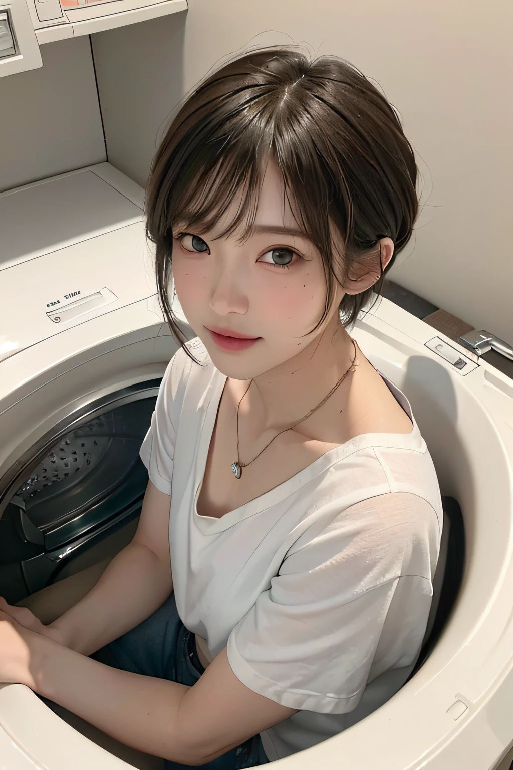 top-quality、masterpiece、超A high resolution、(realisitic:1.4)、(True skin texture:1.3)、(film grains:1.3)、the panorama、portlate、Very wide lens、a closeup、Tindall Effect、Perfect beautiful adult woman、Beautiful detail eyes and skin、ssmile、short cut hair、Small necklace、short sleeved shirt、washing machine、