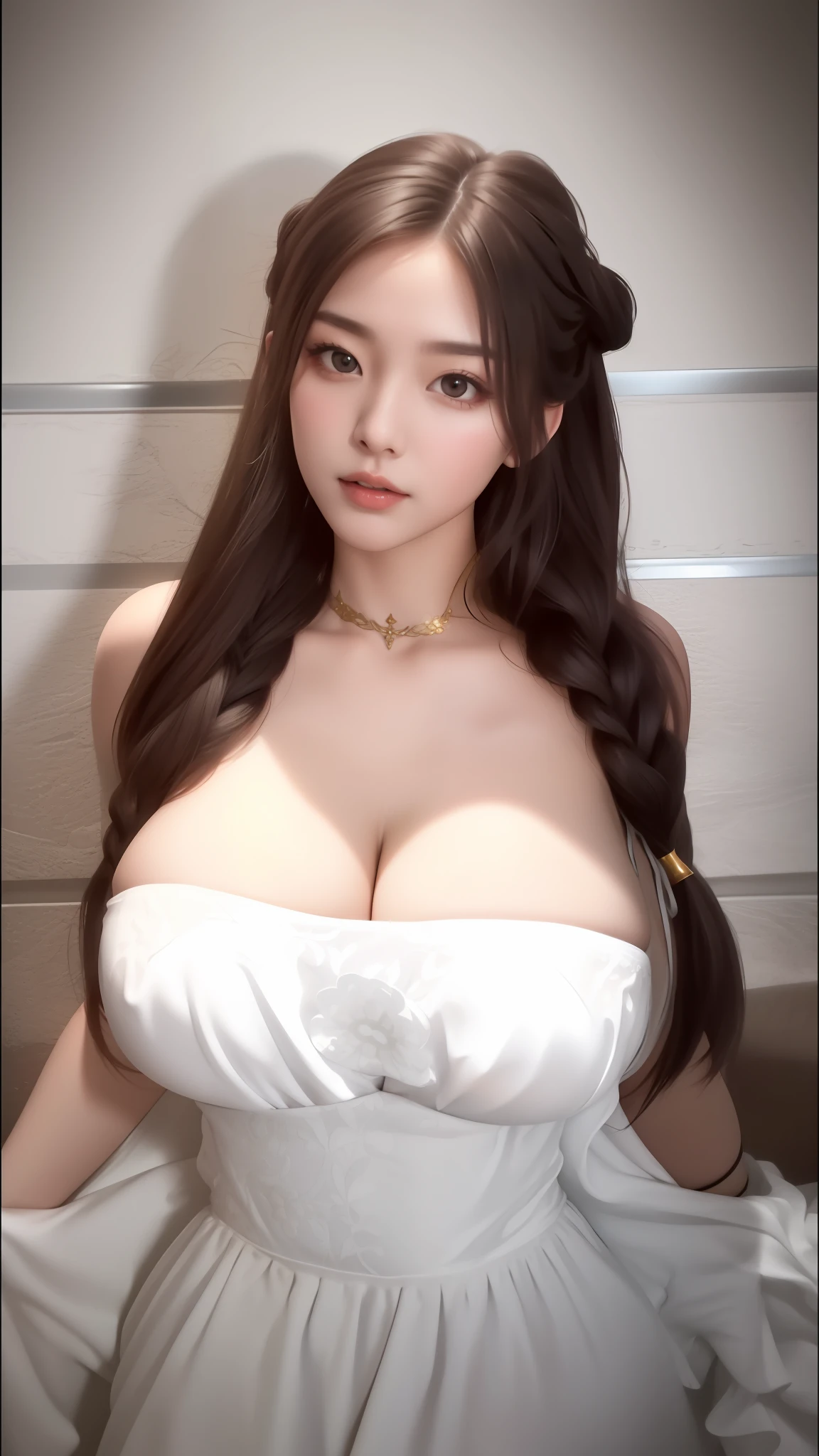 An Idol k-pop girl, (cute face, lewd face), braid hair, intricate face details, detailed face, golden ratio face, ((big breasts:1)), ((slim waist, big butt, big hip, big thighs)), ((intricate hands, detailled hands)), ((intricate feets, detailled feets)), full body, 64K, UHD, HDR, global illumination, (high quality, high detailed, hyper detailed, extremely detailed), photo realistic, ultra realistic, art photo, (clarify the details, detailed parts body), intricate artwork masterpiece, trending on artstation, (drunk face), (she is sexually aroused), (polished:1,9), look at viewer, wall